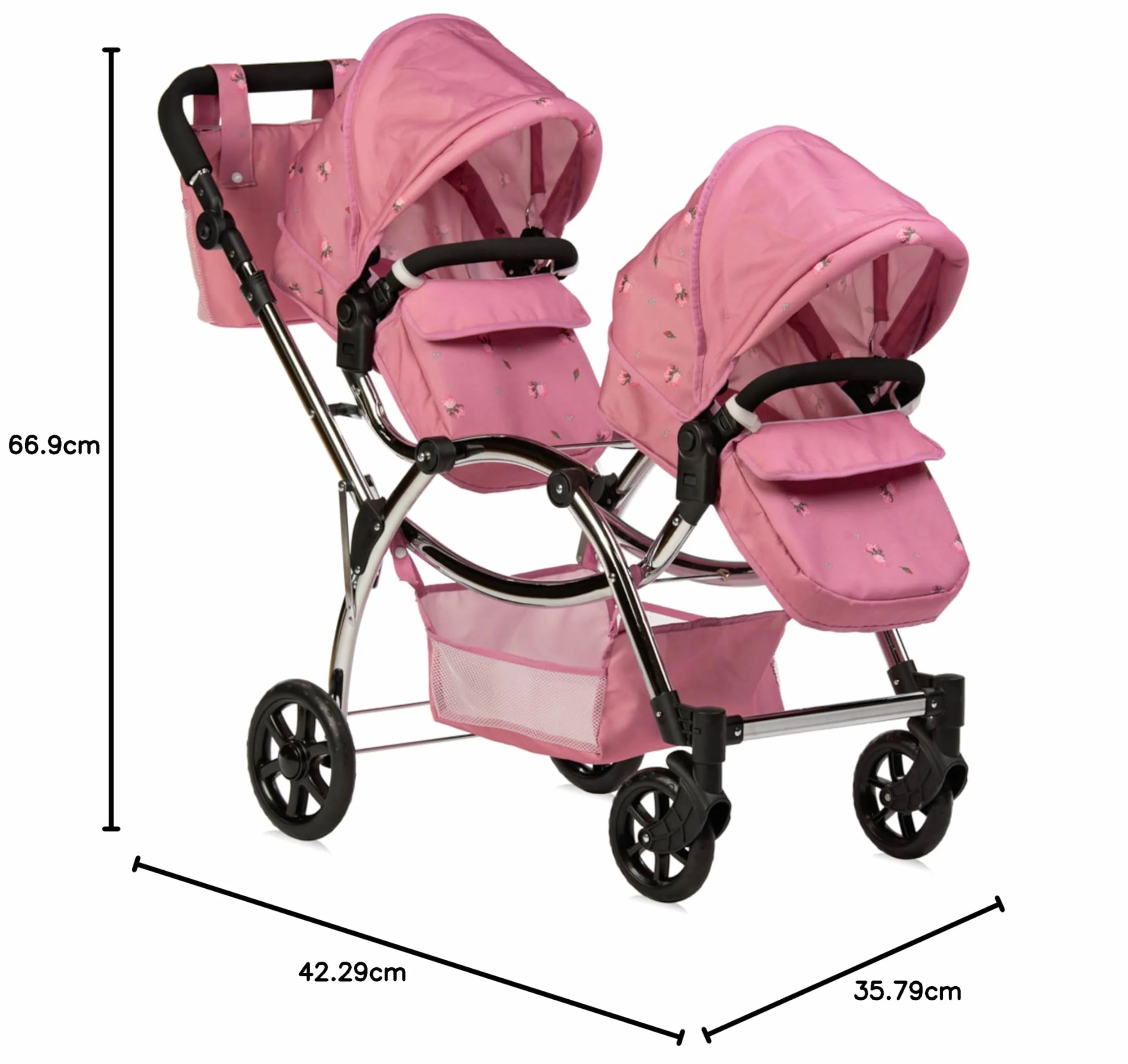 Roma Darcie Twin Dolls wózek dziecięcy w kolorze różowym, odpowiedni dla dzieci w wieku od 3 do 16 lat, regulowana wysokość uchwytu, 16 kombinacji, podwójna zabawka dla lalek na Boże Narodzenie,
