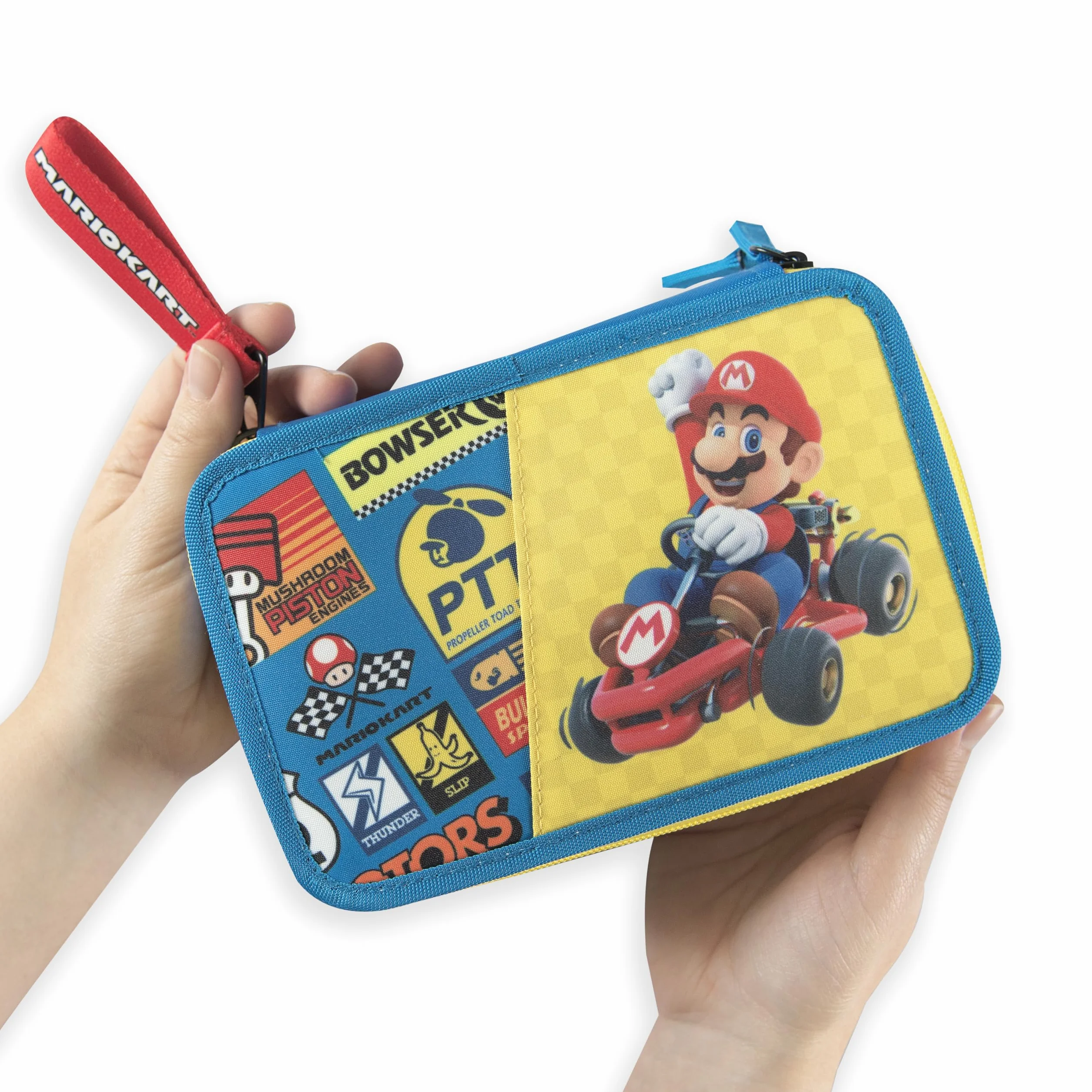 Franco Cosimo Panini MARIO KART - Oficjalny piórnik szkolny Mario Kart, 3 przegródki dla chłopców i dziewczynek, z zestawem na artykuły pa, niebieski ścieralny długopis i praktyczne