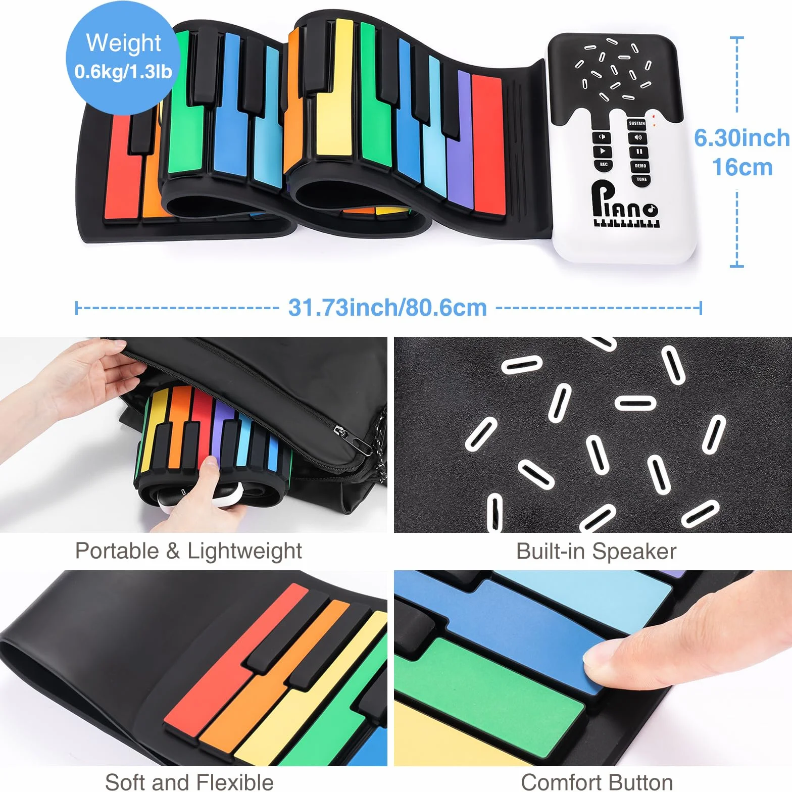 POGOLAB Składane pianino z 49 klawiszami, dla dzieci, początkujących, tęczowe elektroniczne keyboardy z 8 tonami, 6 demo, wielokrotnego ładowania, silikonowe, mini pianino z trybem nagrywania, M02293