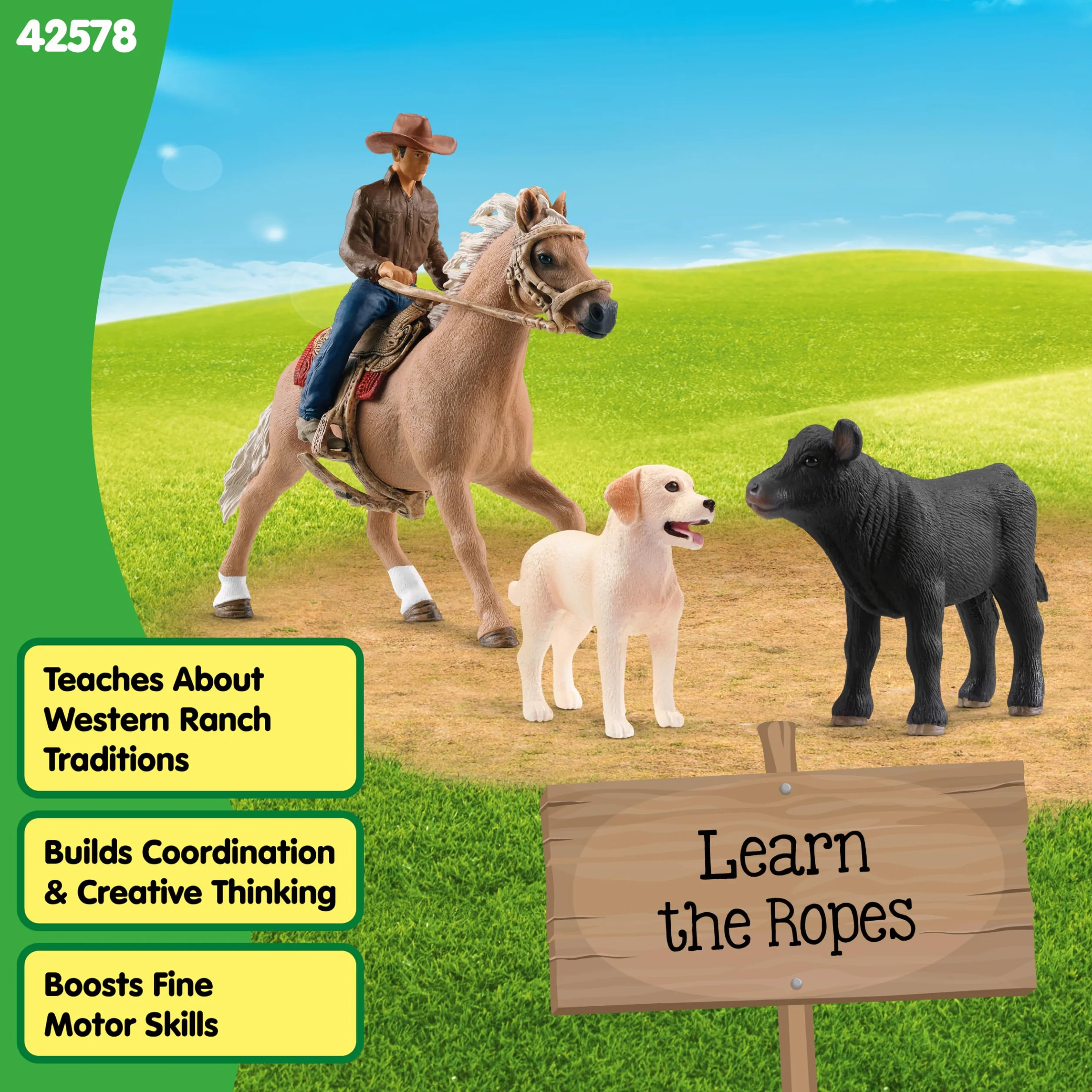 Schleich FARM WORLD | Jazda westernowa 42578 | zestaw farma z kowbojem, koniem, cielęciem i psem z uzdą i siodłem | akcesoria rodeo western | zabawka farma od 3 lat | zestaw 6 elementów