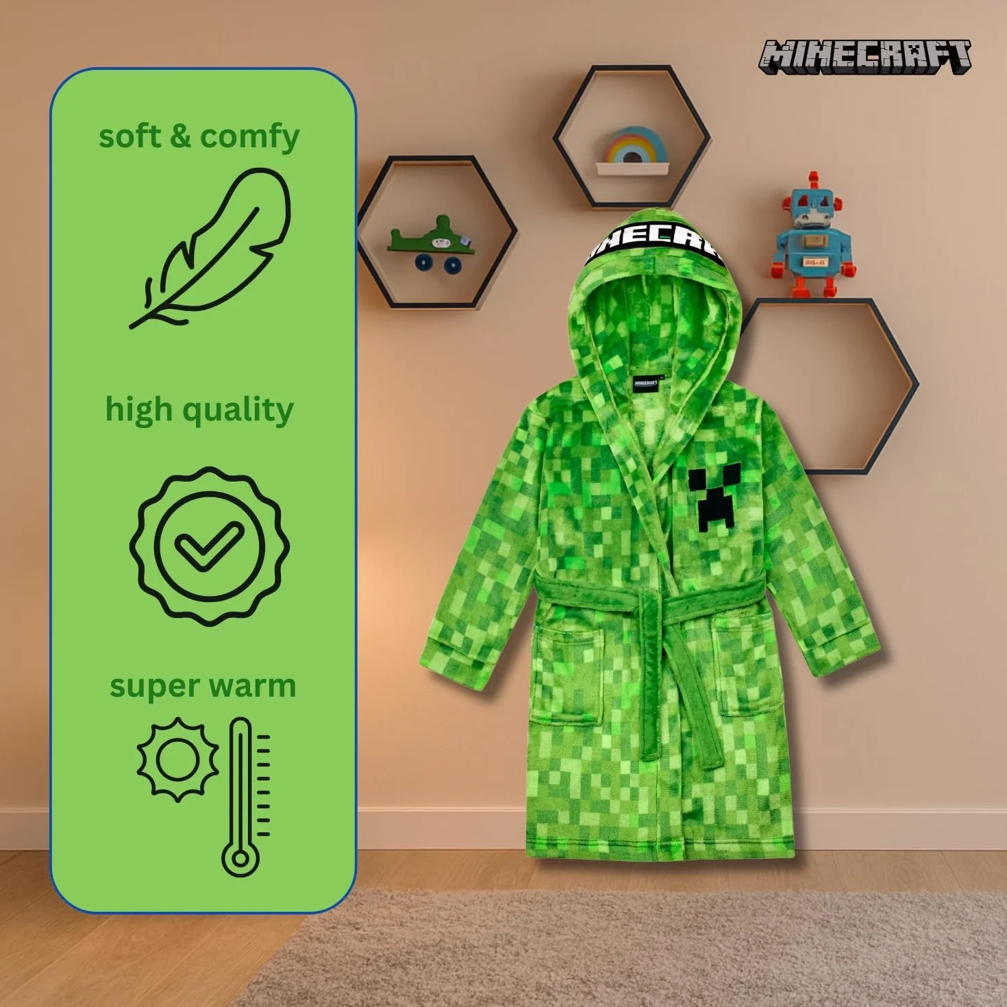 Minecraft Szlafrok dziecięcy chłopięcy polarowy szlafrok poranny z kapturem Creeper Design