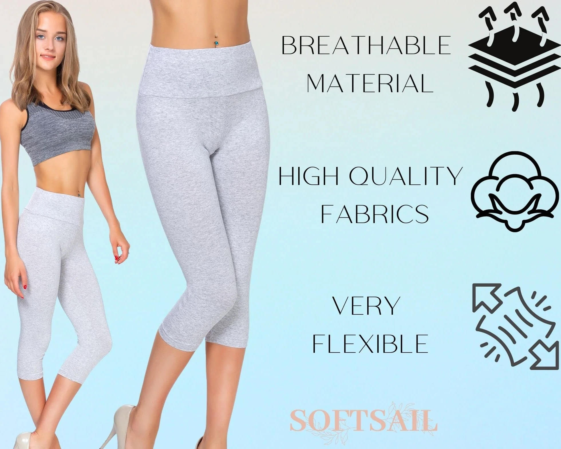 SOFTSAIL Legginsy damskie o długości 3/4 z wysoką talią i regulacją brzucha, oddychające, rozciągliwe, swobodne, klasyczne spodnie bawełniane LWP34 LWP34