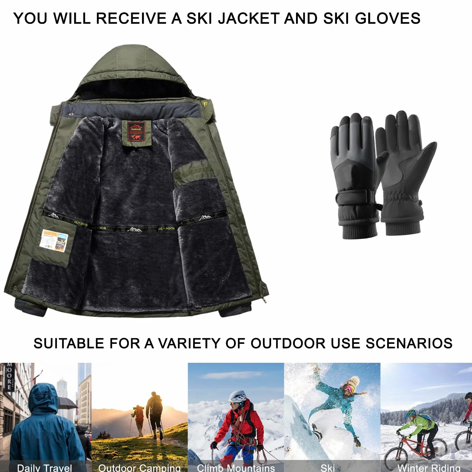 Męska kurtka narciarska z rękawiczkami narciarskimi, ciepła kurtka zimowa z podszewką, pogrubiona, kurtka narciarska, outdoorowa, wiatroszczelna, kurtka funkcyjna, bluza z odpinanym kapturem