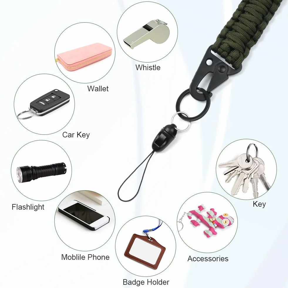 Vicloon Paracord Smycz na szyję z metalowymi pierścieniami na klucze i paskiem do telefonu do uchwytu na identyfikator, klucze, telefon, 2-pak zielony + czarny, 55cm, 15cm