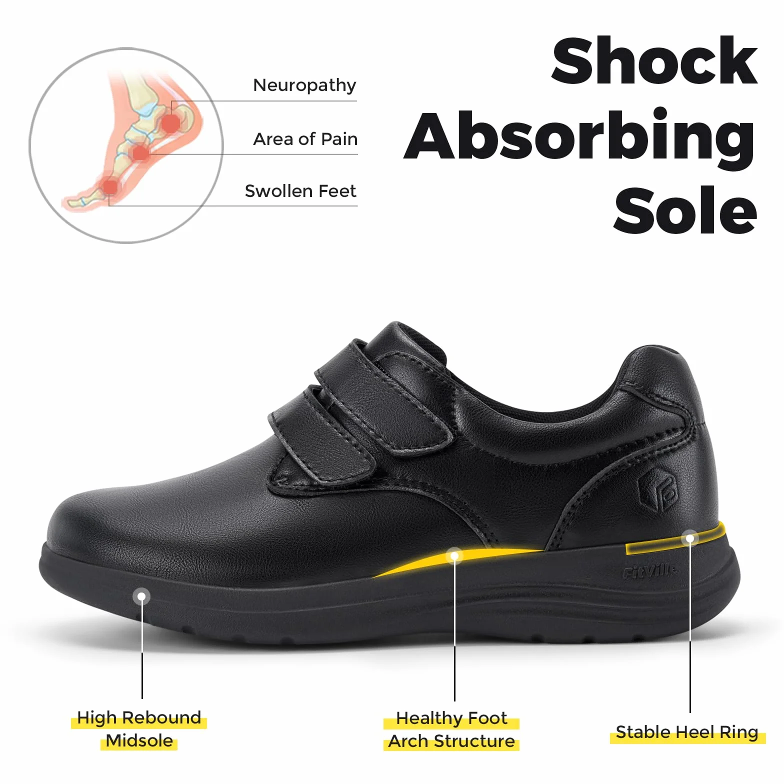 FitVille Diabetic Shoes Damskie bardzo szerokie skórzane kapcie ortopedyczne z regulacją na rzepy Wygodne eleganckie buty do chodzenia dla opuchniętych stóp