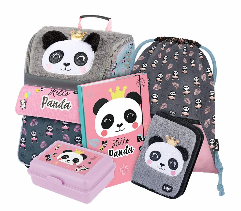 Schulranzen Mädchen Set 5 Teilig - Schultasche ab 1. Klasse - Grundschule Ranzen mit Brustgurt - Ergonomischer Schulrucksack (Panda)
