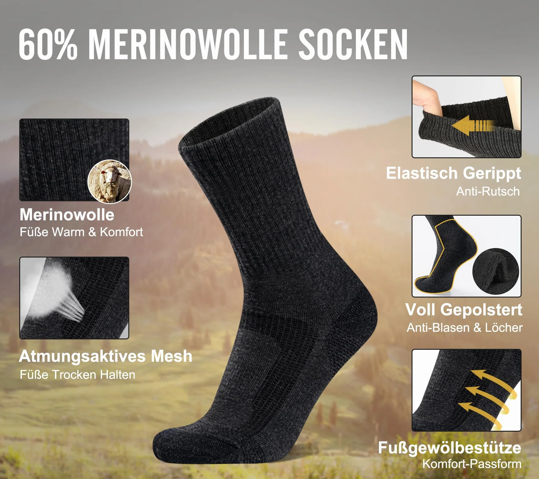 FORVEVO Skarpety trekkingowe z merynosów, męskie i damskie, 3 pary, 60% wełniane skarpety męskie, wyściełane, termiczne skarpety zimowe, skarpety sportowe do trekkingu i aktywności na świeżym