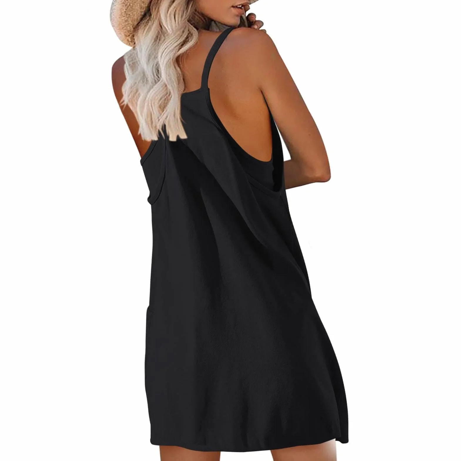 Women's Summer Sleeveless Mini Dress, Womens Tennis Dresses, Workout Dress, 2-in-1 Exercise Dress, Golf Athletic Dresses, Adjustable Straps, with Built in Shorts