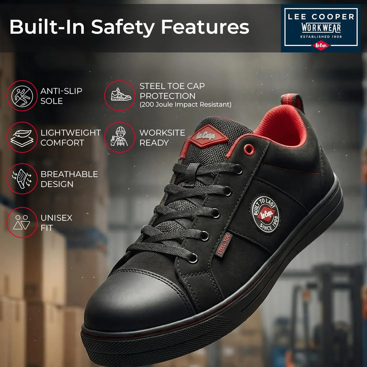 Lee Cooper ‎LCSHOE054 Unisexowe obuwie ochronne robocze SB/SRA w stylu retro baseball nowoczesny design buty robocze BHP, Czarny, 43 EU