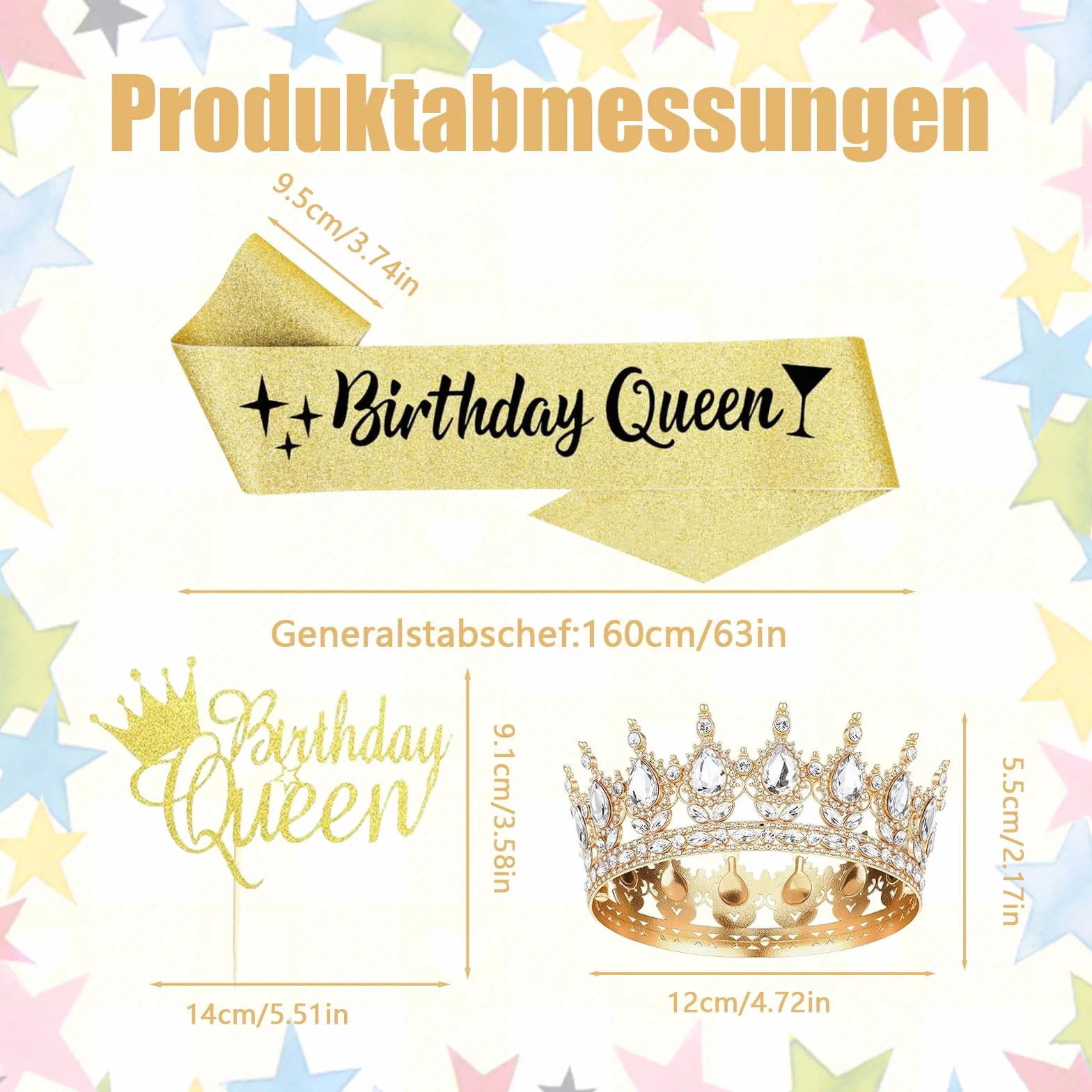 Złota korona urodzinowa dla dorosłych, zestaw z szarfą urodzinową Queen i topperem na tort, diadem, złota korona królowa, na 30 urodziny, dla kobiet, na imprezę i wesele