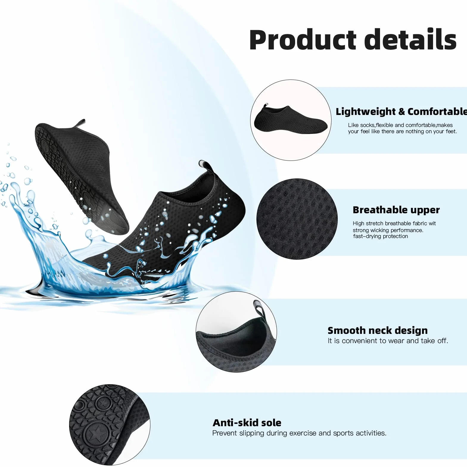 Buty do wody, bose stopy, szybkoschnące, do pływania, na basen, plażę, do surfowania, jogi, ćwiczeń, czarny, 36/37 EU