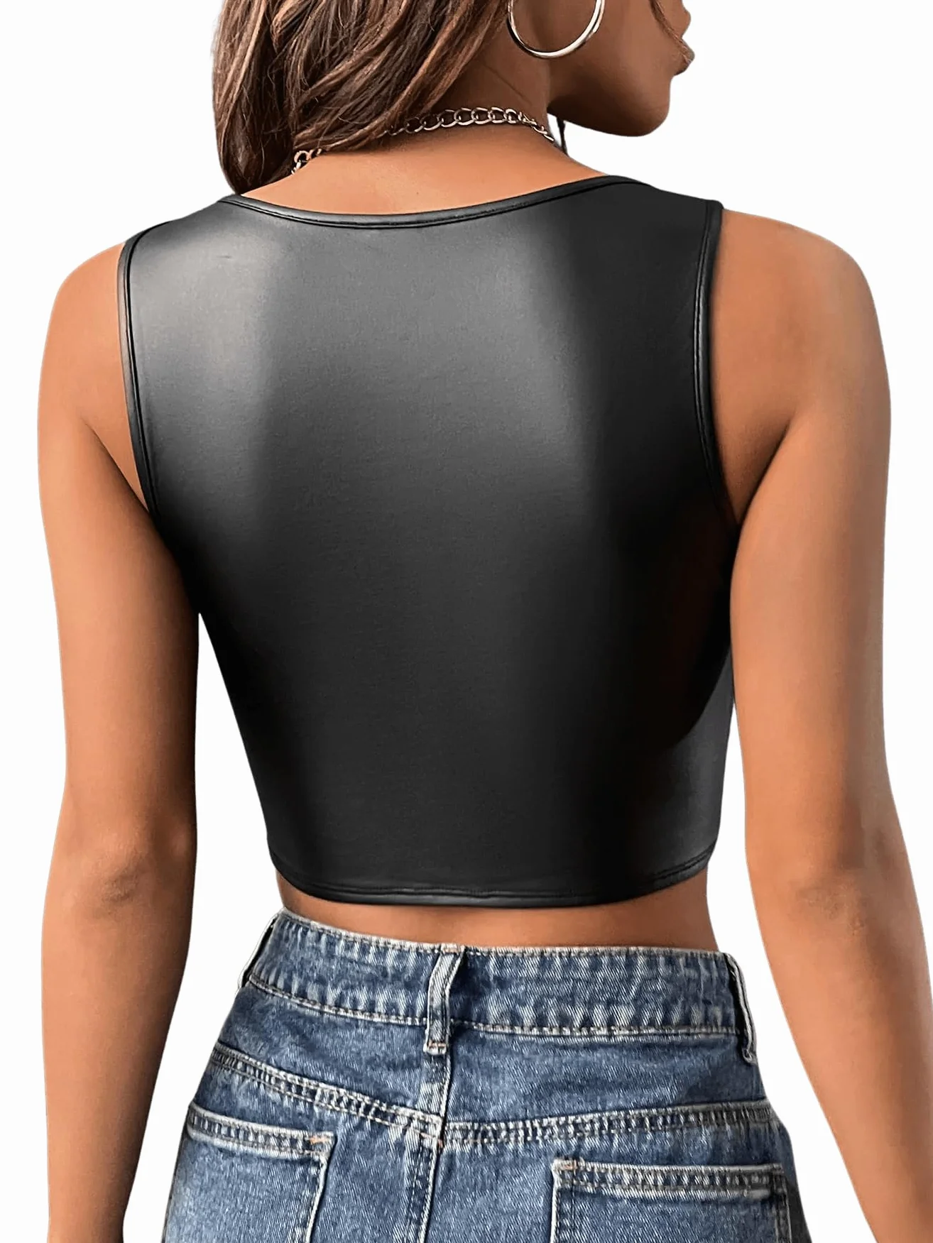 GORGLITTER Skórzany tank top damski Y2k Crop Top z prostokątnym wycięciem skóra PU top z odkrytym brzuchem seksowna skórzana odzież klubowa