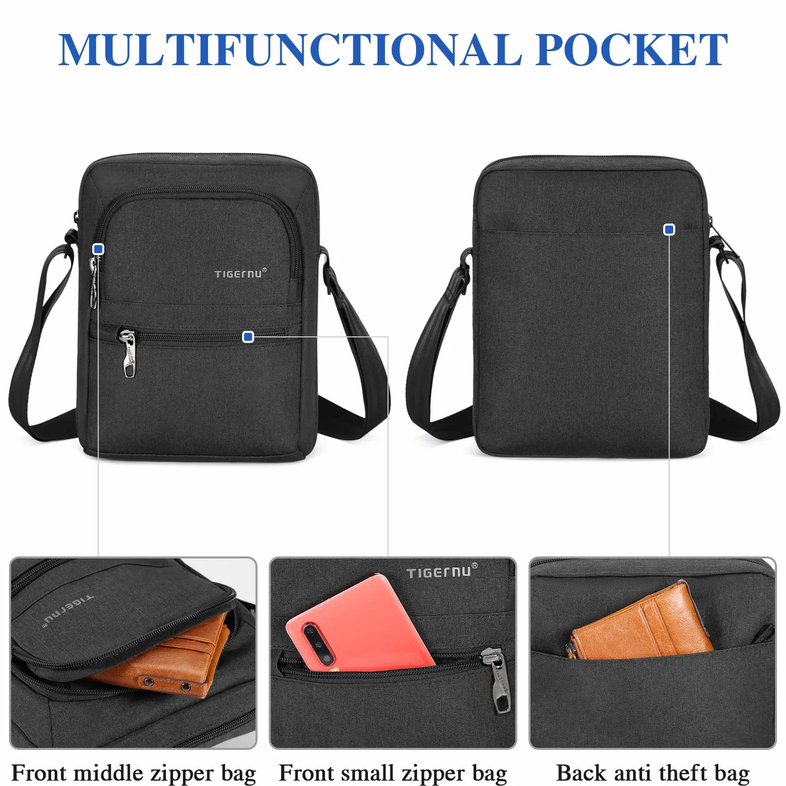 BAIGIO Torba na ramię męska, torba Oxford mała, torba męska crossbody, messenger z przegrodą na iPad i regulowanym paskiem na ramię, czarny, 21 * 8 * 26 cm, Współczesny
