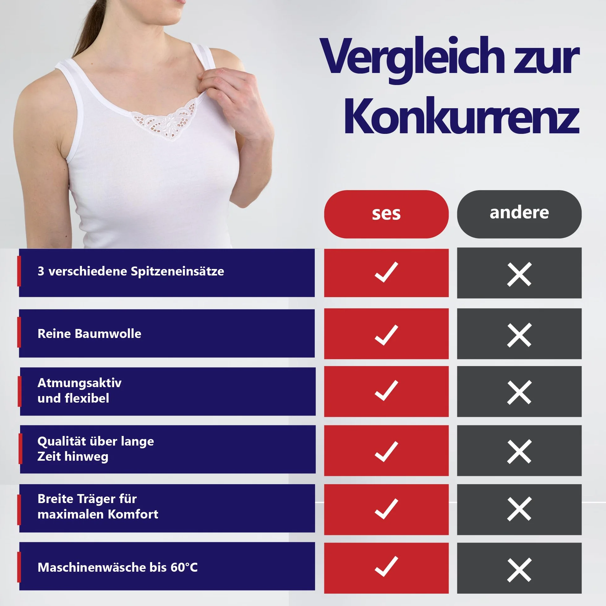 SES Damski podkoszulek 3-pak z koronką ze 100% bawełny