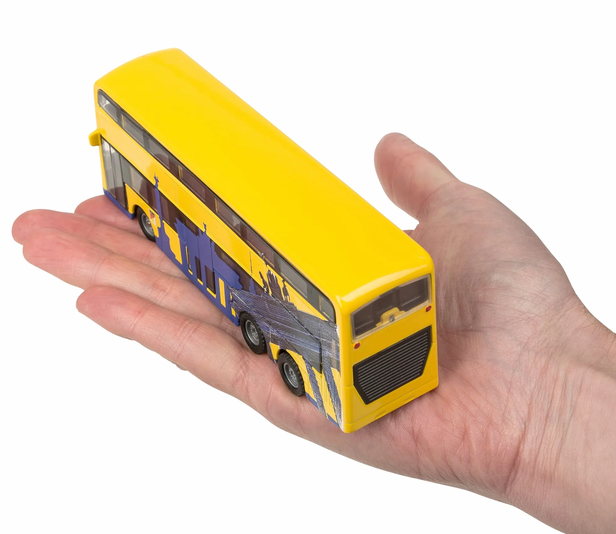 Idena 40107 - model autobusu berlińskiego dwupokładowego, z silnikiem cofania, ok. 18,5 x 13,5 x 4,5 cm, żółty, jako zabawka, typowy pamiątka lub popularny przedmiot kolekcjonerski