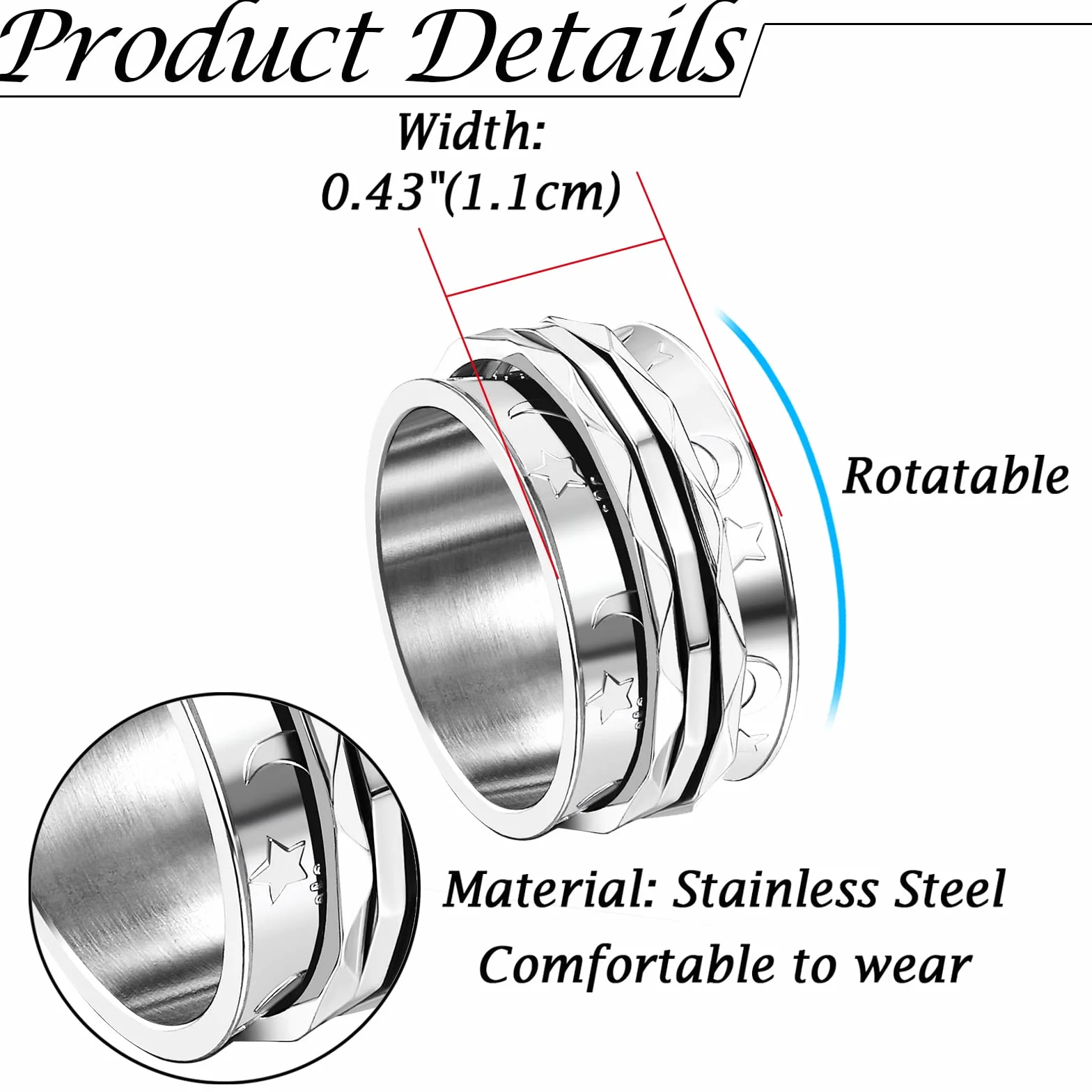 JewelryWe Retro Fidget Spinner Pierścień Damski Wzór Księżyca i Gwiazdy Obrotowy Przeciwlękowy Pierścień Ze Stali Nierdzewnej