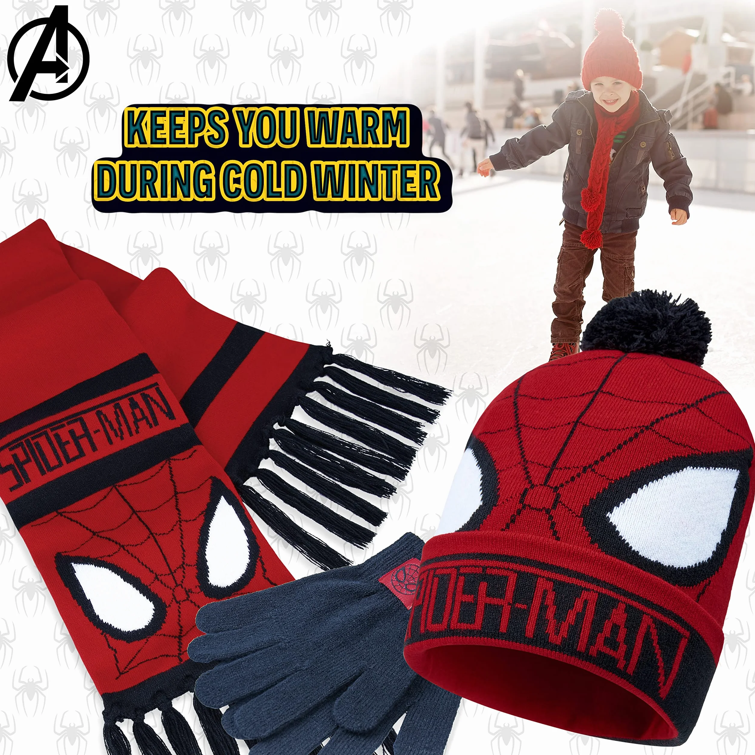 Marvel Beanie Zestaw Czapka, Szalik i Rękawiczki dla Dzieci- Avengers 2 lub 3 Częściowy Zestaw Zimowy - Prezenty Spiderman dla Chłopców