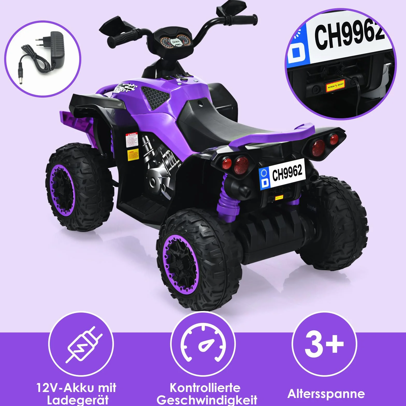 COSTWAY Elektryczny quad dziecięcy 12V, elektryczny quad z muzyką, klaksonem i reflektorami LED, quad dziecięcy 2,2-4,3 km/h, samochód dziecięcy dla małych dzieci od 3 lat (fioletowy)