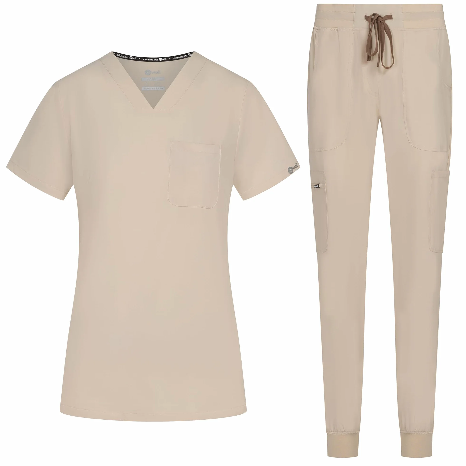 B-well Naomi Damen-Schrubb-Set Schlupfkasack + Schlupfhose Set Medizin Arzt Uniform Schlupfjacke Oberteil mit Hose Medizinische Berufsbekleidung mit Elastan (Sand, XL)