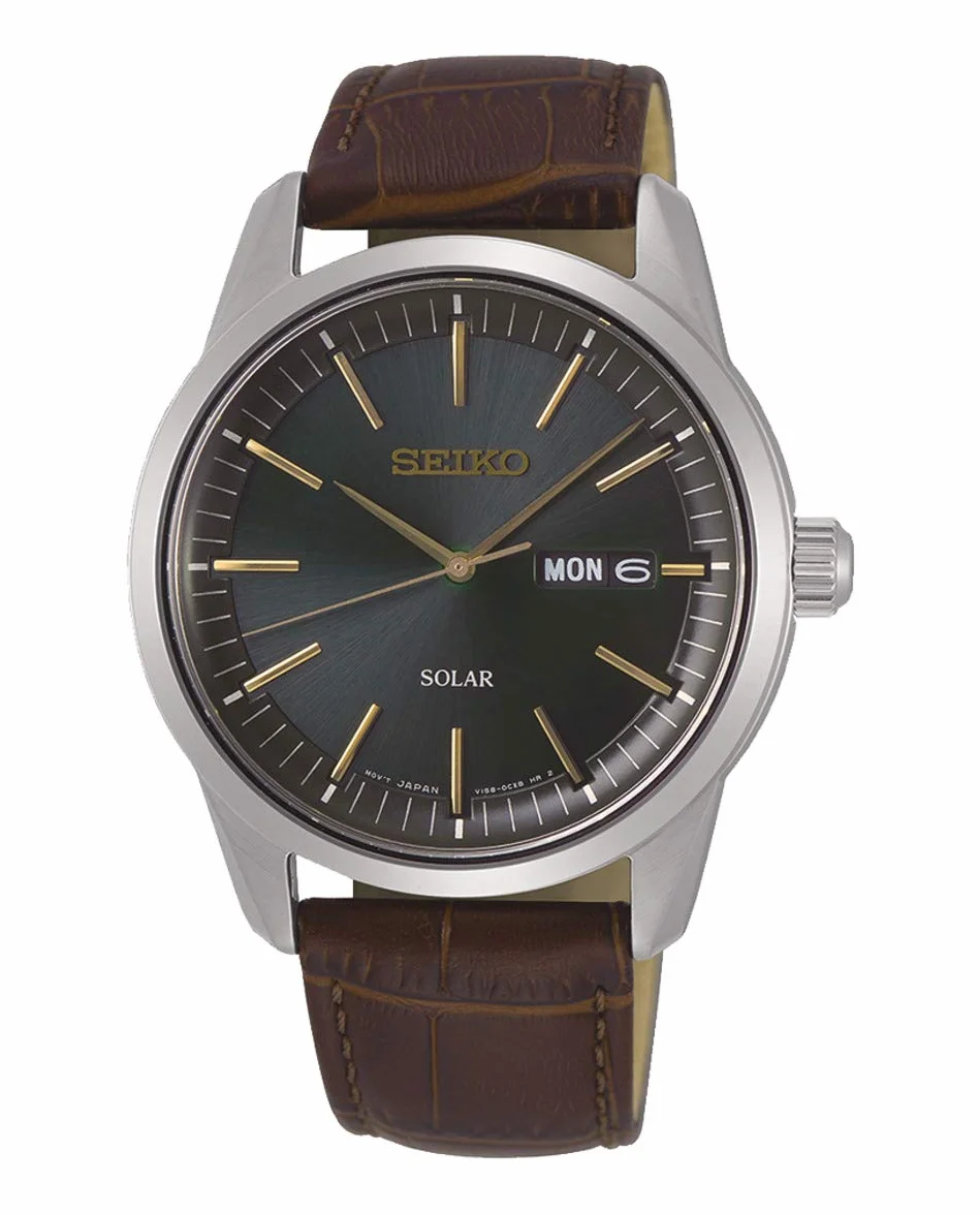 Seiko Męski analogowy zegarek słoneczny ze skórzanym paskiem SNE529P1, Srebrny, pasek