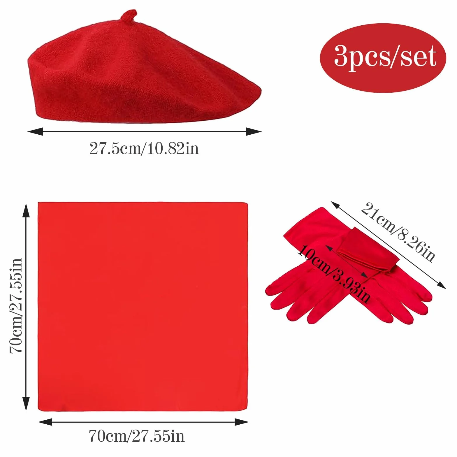 3 Pièces Beret damski czerwony garnitur, francuski beret, modny, klasyczny, artystyczny, jedwabny szal na szyję, czerwona czapka, kostium artysty, 70 x 70 cm + rękawiczki, pantomima, kostium