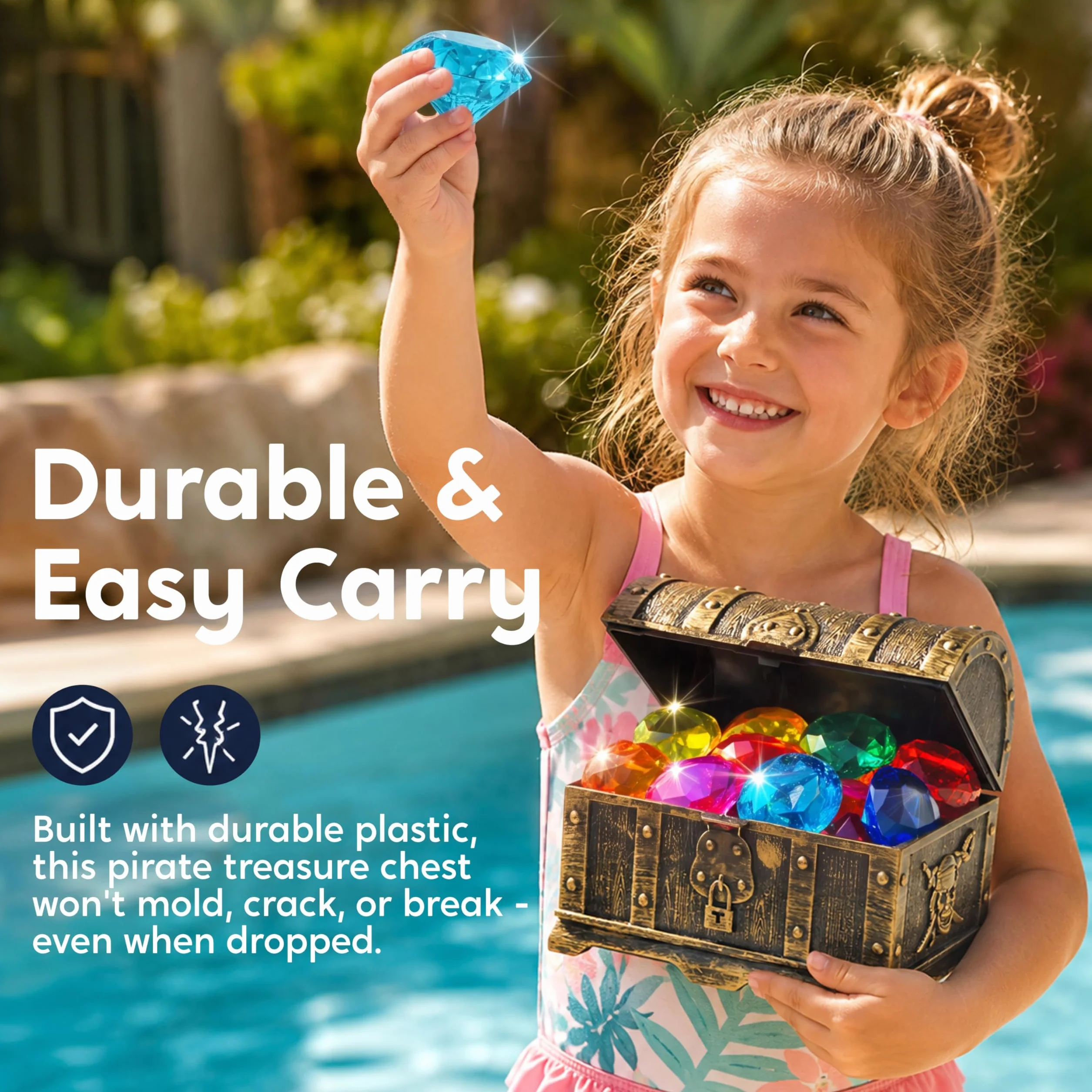 Sloosh Juguetes de piscina Diving Gems, 16 dużych kolorów diamentów Con cofre Del tesoro Pirata, juguete de buceo Para niños Con gemas submarinas, Regalo de entrenamiento de natación.