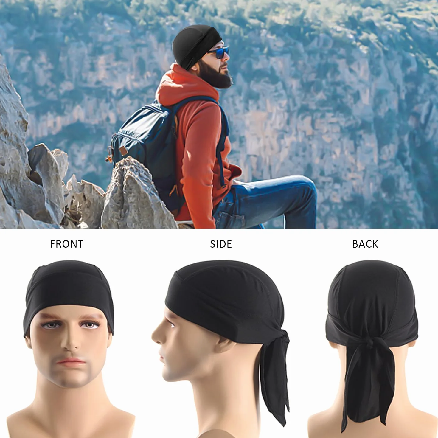 Bandana, czarna bandana, sportowa bandana, damska męska bandana, czapka motocyklowa, potochłannicze bandany, bandana piracka, kostium dzikiego faceta, odpowiedni do cosplay i rowerzysty, czarny