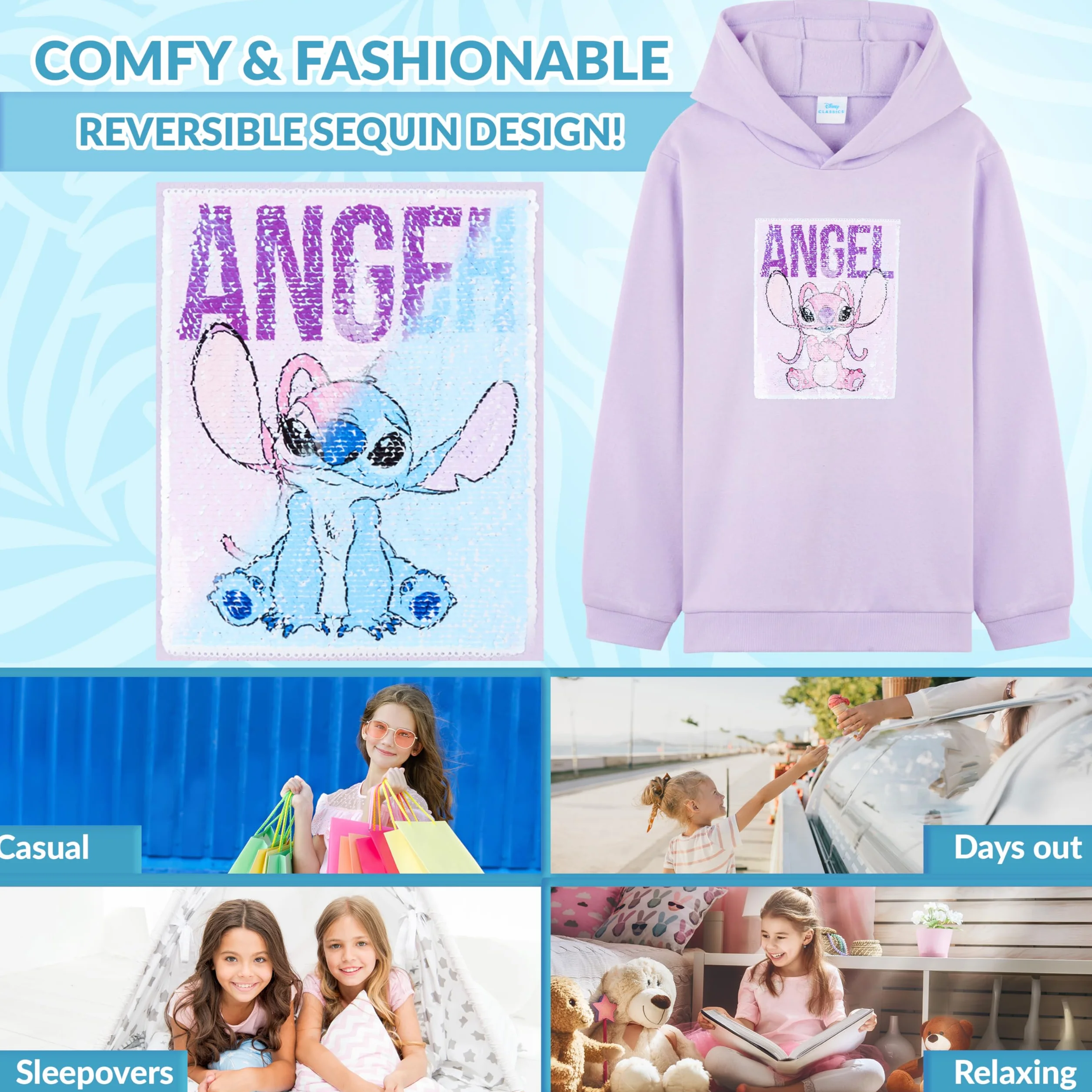 Disney Bluza z kapturem dla dziewcząt nastolatków dwustronny wzór cekinowy miękka bluza z kapturem dzieci chłopcy modny sweter sweter ścieg prezenty
