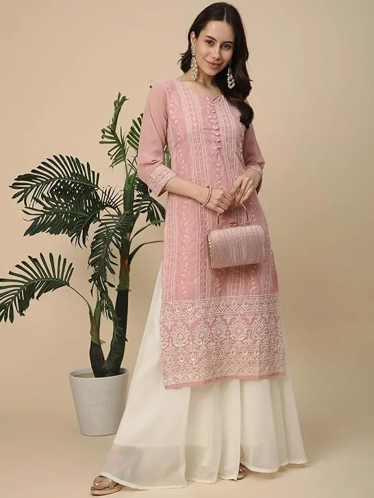 Damska Georgette Anarkali Lucknowi Chikankari Etniczna odzież Kurta Straight Kurti Kurta Tunika Sukienka