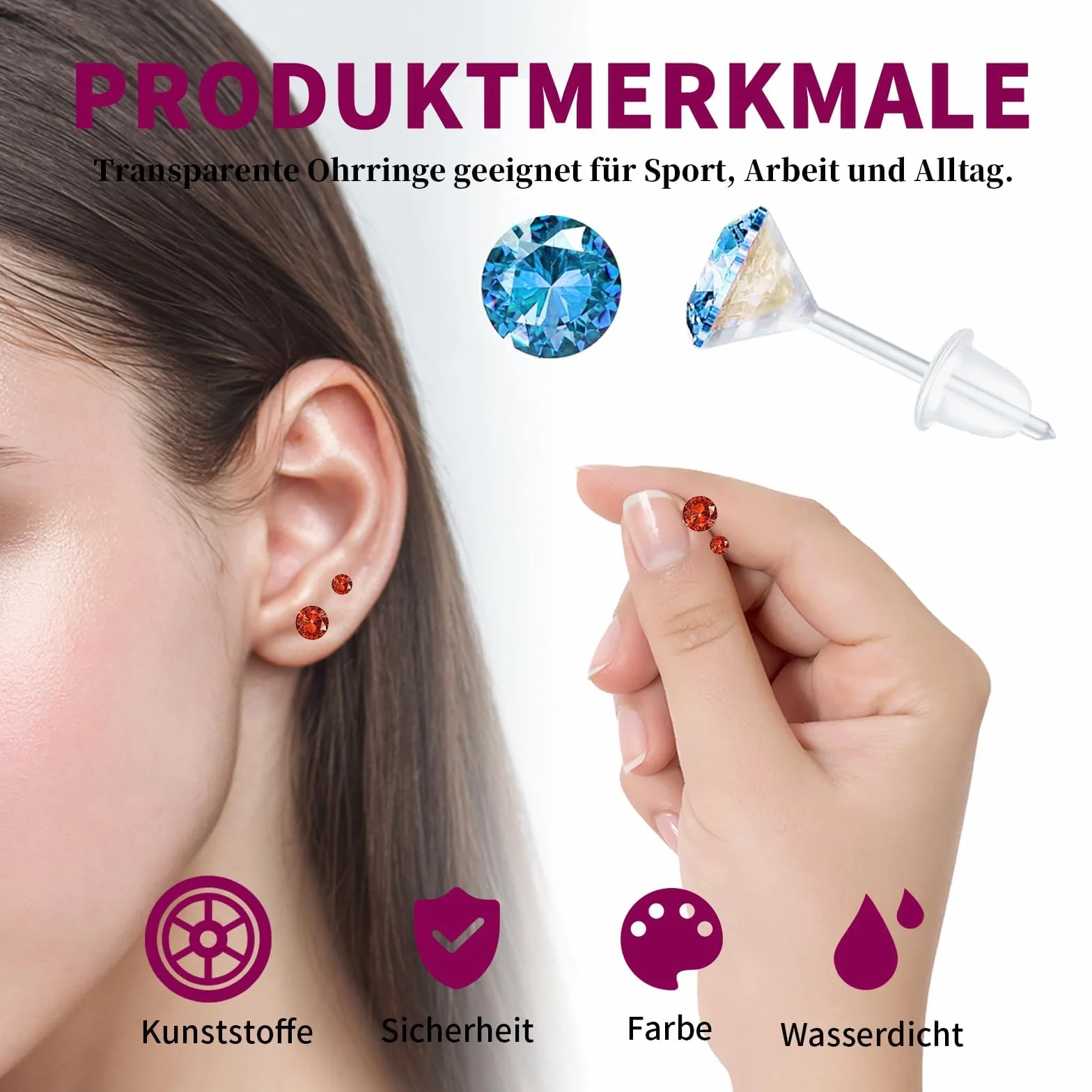 Przezroczyste Plastikowe Kolczyków z Akrylu dla Kobiet, Wielokolorowe Cyrkonie, Bezpieczne dla Wrażliwych Uszu, Idealne do Codziennego Użytku, Sportu i Pracy(40 Par)