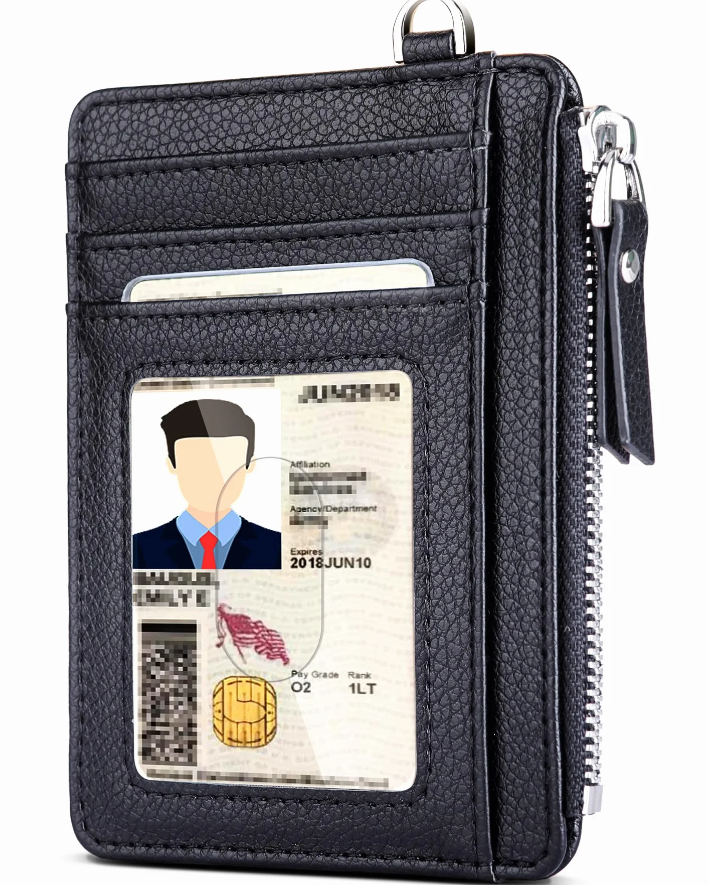 Teskyer Etui na karty, smukłe portfele na karty kredytowe, minimalistyczny, blokada RFID, 1 okienko na dowód osobisty, z zamkiem błyskawicznym, smycz, pomieści do 8 kart, Czarny, Slim (11.7 x 8.1 x 1
