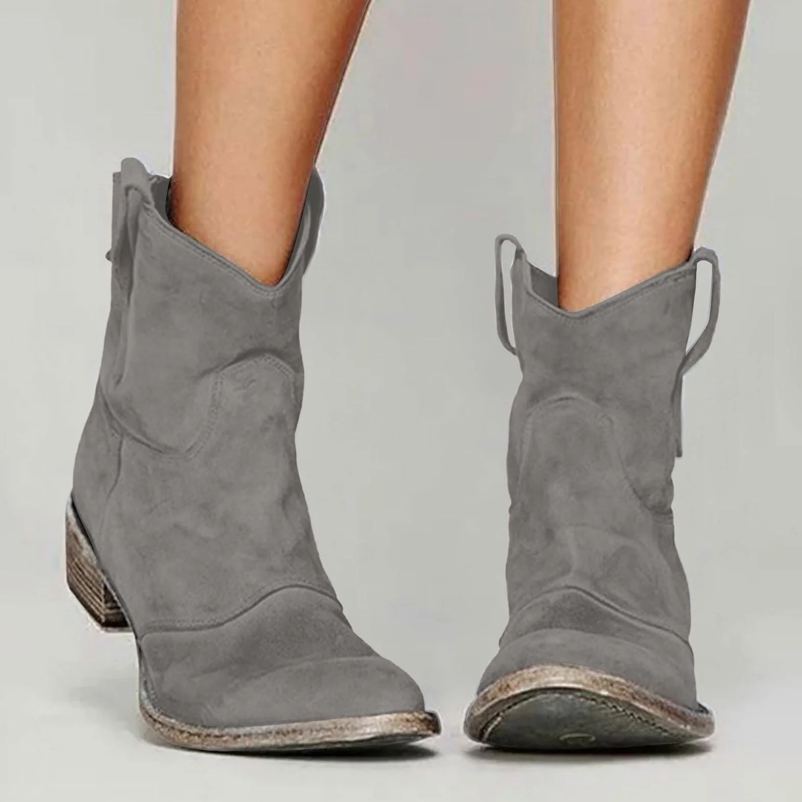Damskie buty kowbojskie z obcasem, zamszowe, retro, kowbojskie buty z krótką cholewką, półwysokie, wygodne, eleganckie, na jesień i zimę