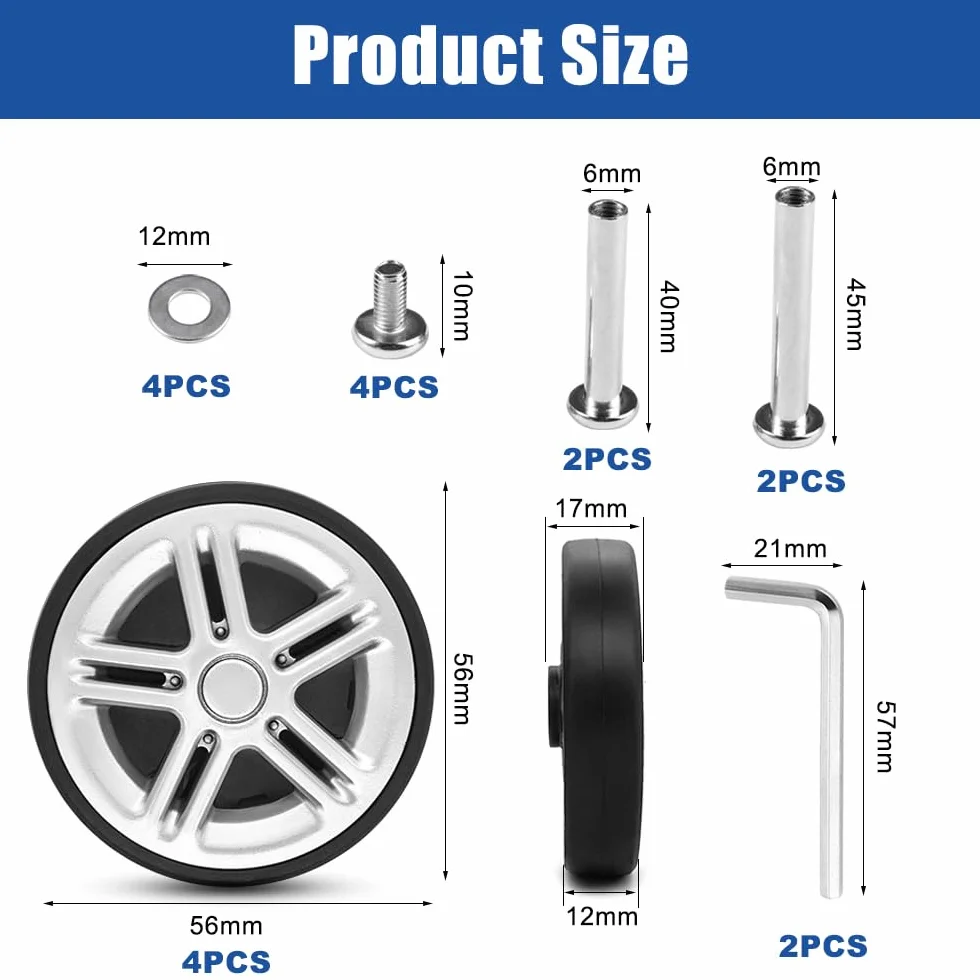 4 sztuki kółek zapasowych do walizek, kolor czarny, 56 x 12 mm, plastikowe kółka zapasowe, odporne na zużycie, kółka do walizek z zestawem części zamiennych do naprawy, uniwersalne kółka do walizek