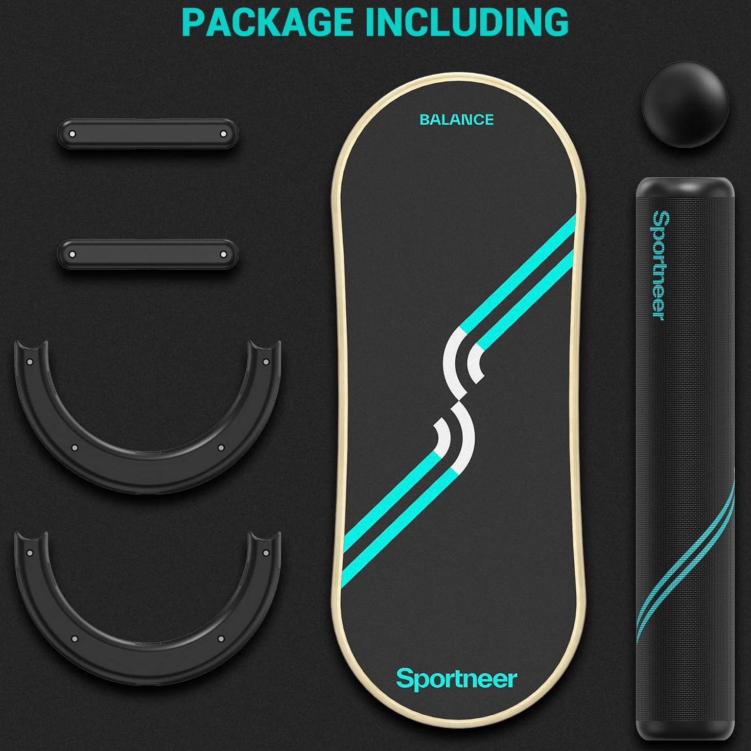 Sportneer Deska balansowa, 7 trybów deska do balansowania indoor skateboard surf balance board z regulowanymi stoperami - wałek i piłka 7,1 cm w zestawie, niebieski i czarny