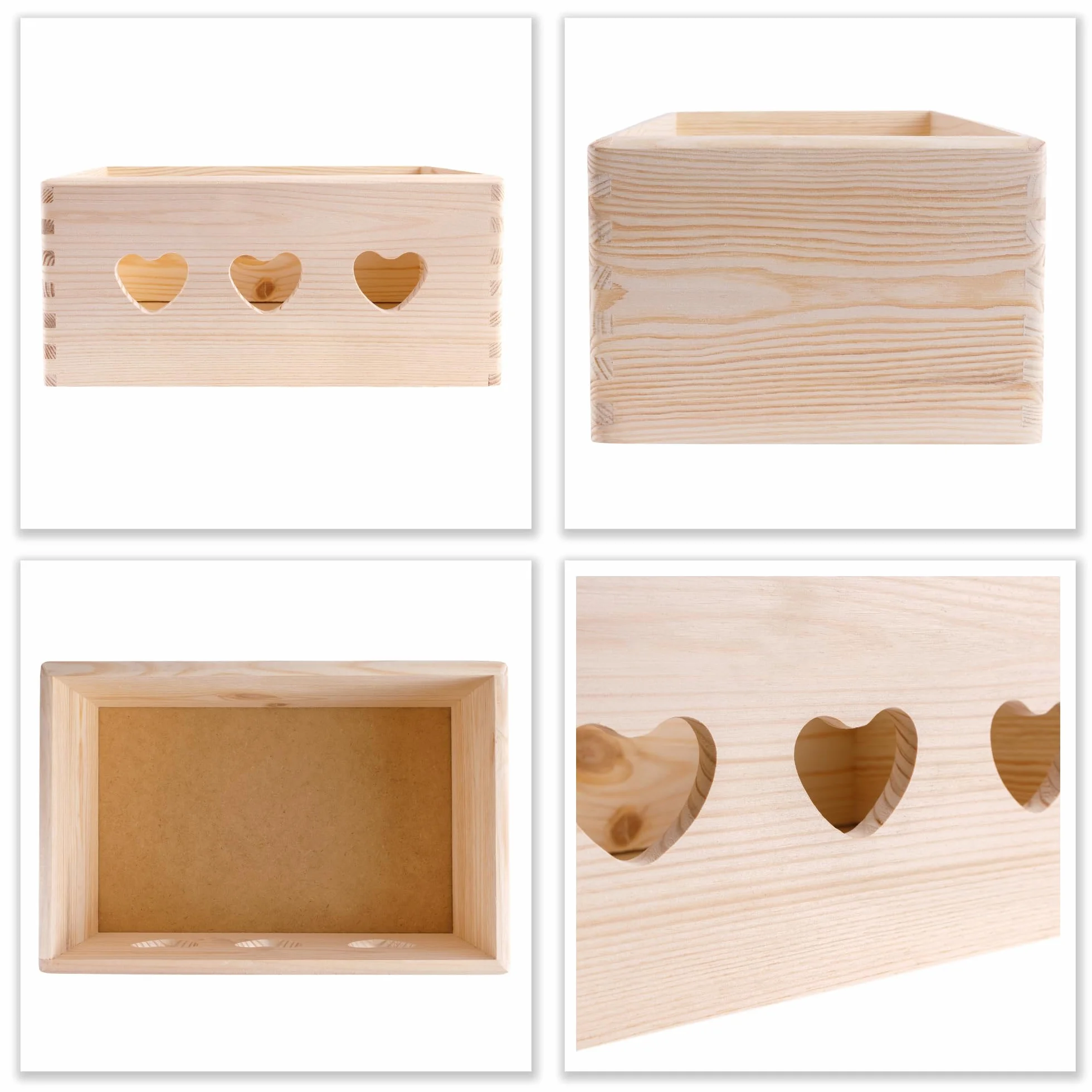 Creative Deco Drewniana Skrzynia do Przechowywania Niepomalowana | 30 x 20 x 13 cm (+/- 1 cm) | z Otworami w Kształcie Serca | Pudełko na Prezent, Wielkanoc, Zabawki, Kosz Upominkowy, do Dekoracji
