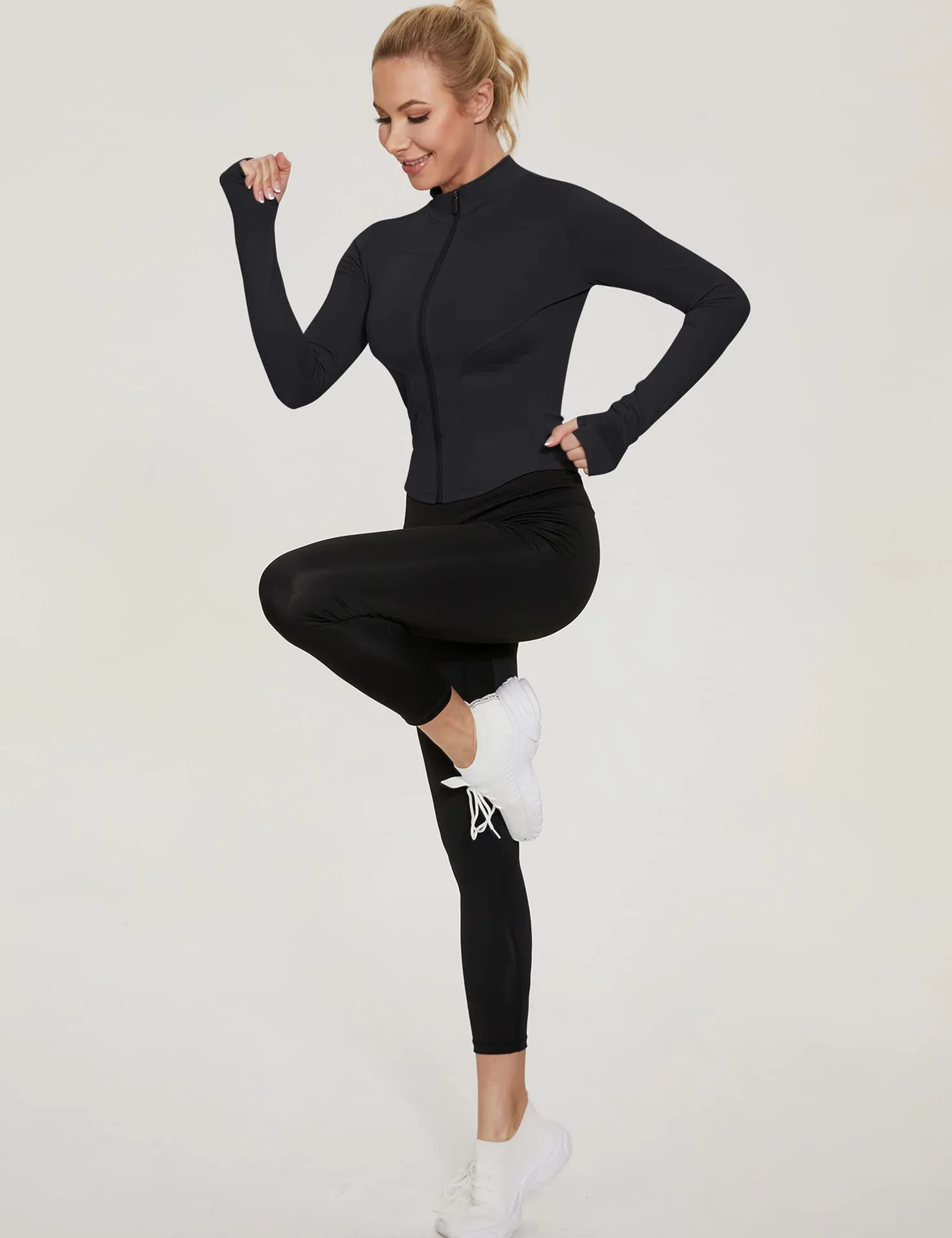 IECCP Damskie topy na siłownię z długim rękawem sportowa koszulka fitness trening joga krótkie topy damskie koszulki do biegania zamek błyskawiczny do połowy oddychająca odzież sportowa z otworami na