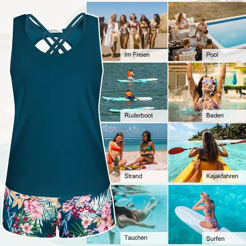 JASAMBAC 3-częściowy damski tankini wyszczuplający brzuch, push up bikini i szorty kąpielowe z wysokim stanem, proste stroje kąpielowe, damski sportowy strój kąpielowy,