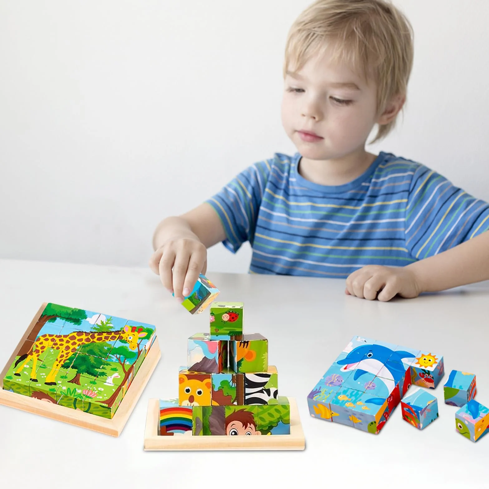 Montessori puzzle drewniane, kostki obrazkowe 3D, puzzle 6 w 1, zabawka edukacyjna, drewniana zabawka dla dzieci od 1, 2, 3, 4 lat, Montessori układanie w stos dla dzieci, chłopców i dziewczynek