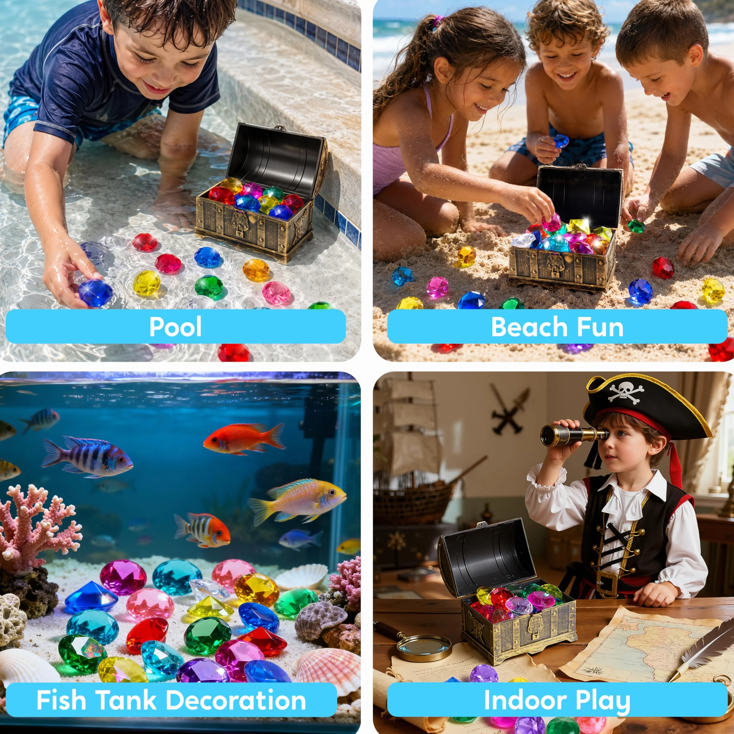 Sloosh Juguetes de piscina Diving Gems, 16 dużych kolorów diamentów Con cofre Del tesoro Pirata, juguete de buceo Para niños Con gemas submarinas, Regalo de entrenamiento de natación.
