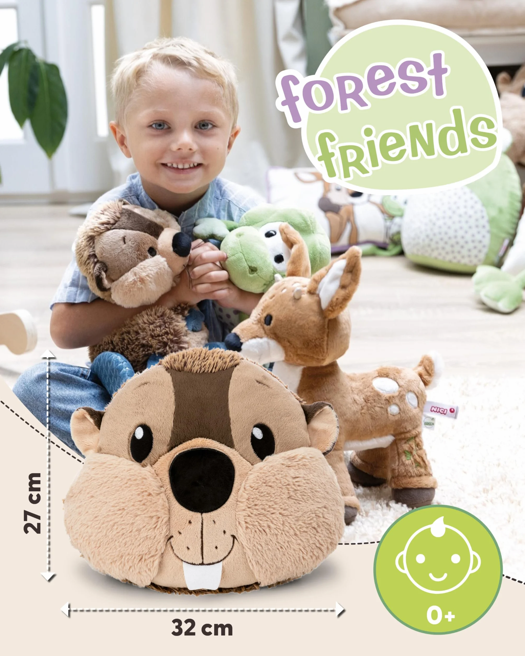 NICI 62284 Pluszowa poduszka, bóbr Harry Woodsnacker, puszysta poduszka do przytulania dla dzieci i dorosłych, idealna do domu, przedszkola lub na podróż, 32 x 27 cm, brązowa