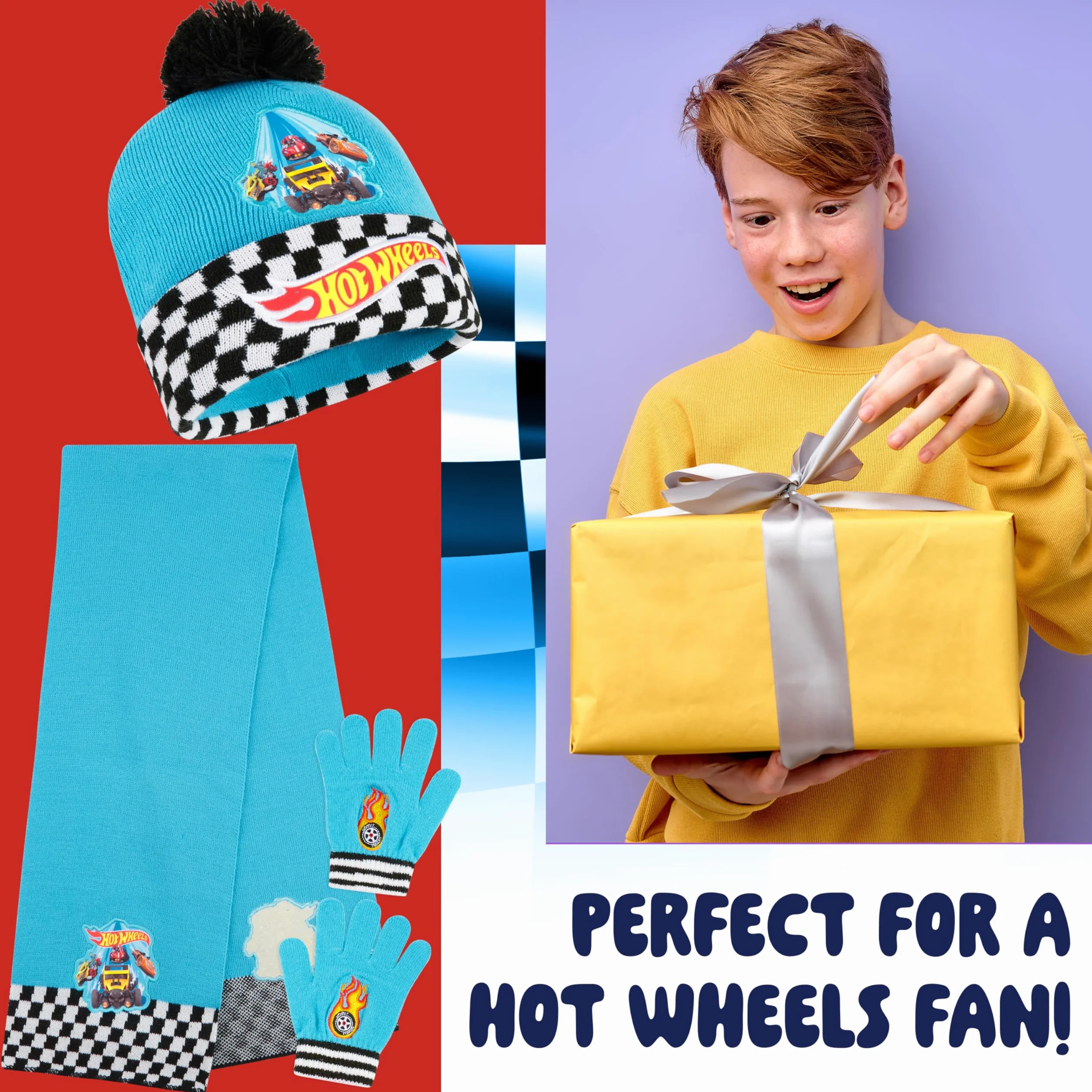 Hot Wheels Zestaw czapki, szalika i rękawiczek dla chłopców – prezent dla dzieci, niebieski, jeden rozmiar