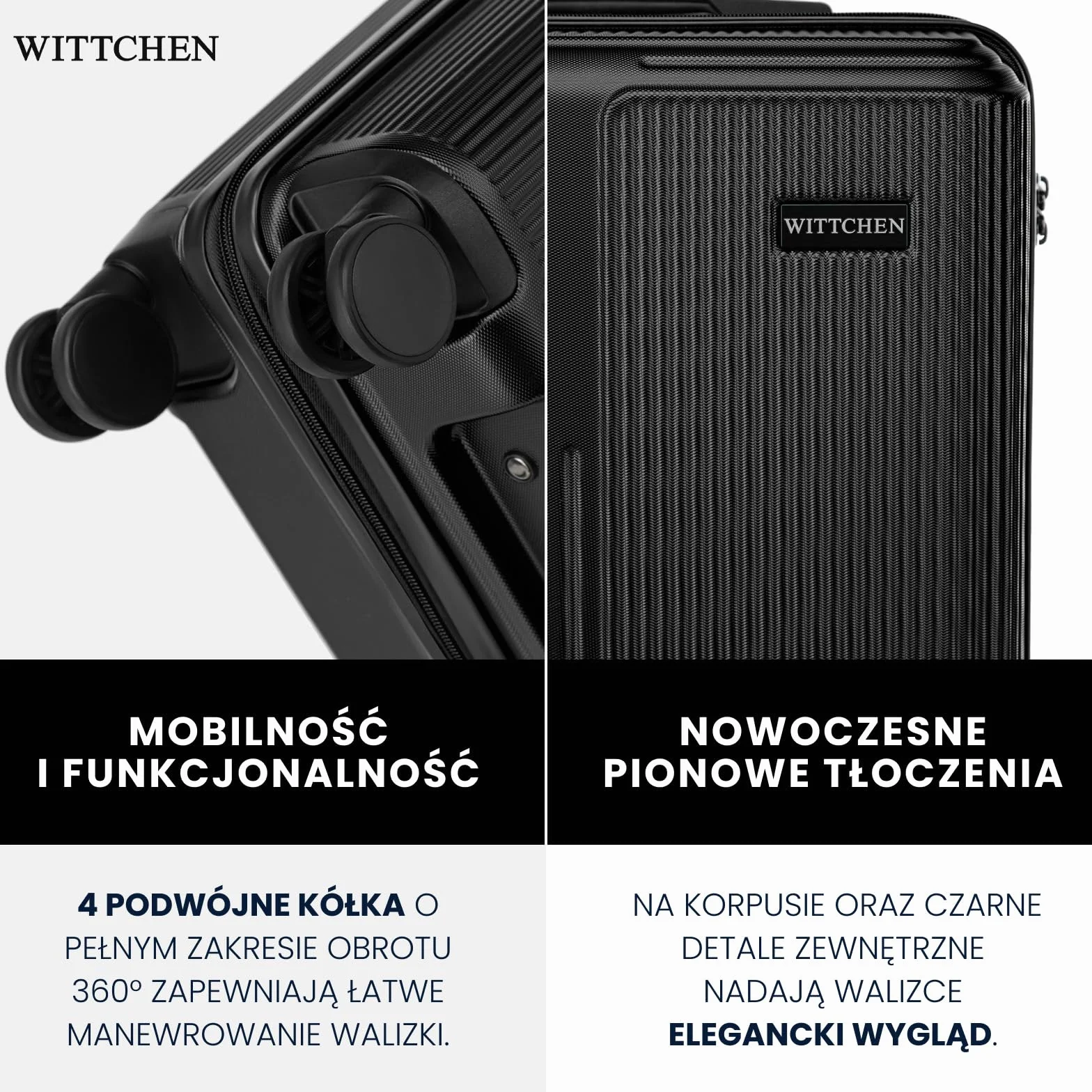 WITTCHEN Stripes Line Walizka kabinowa Bagaż podręczny Mała walizka ABS 4 podwójne kółka Teleskopowy uchwyt Zamek szyfrowy Czarny