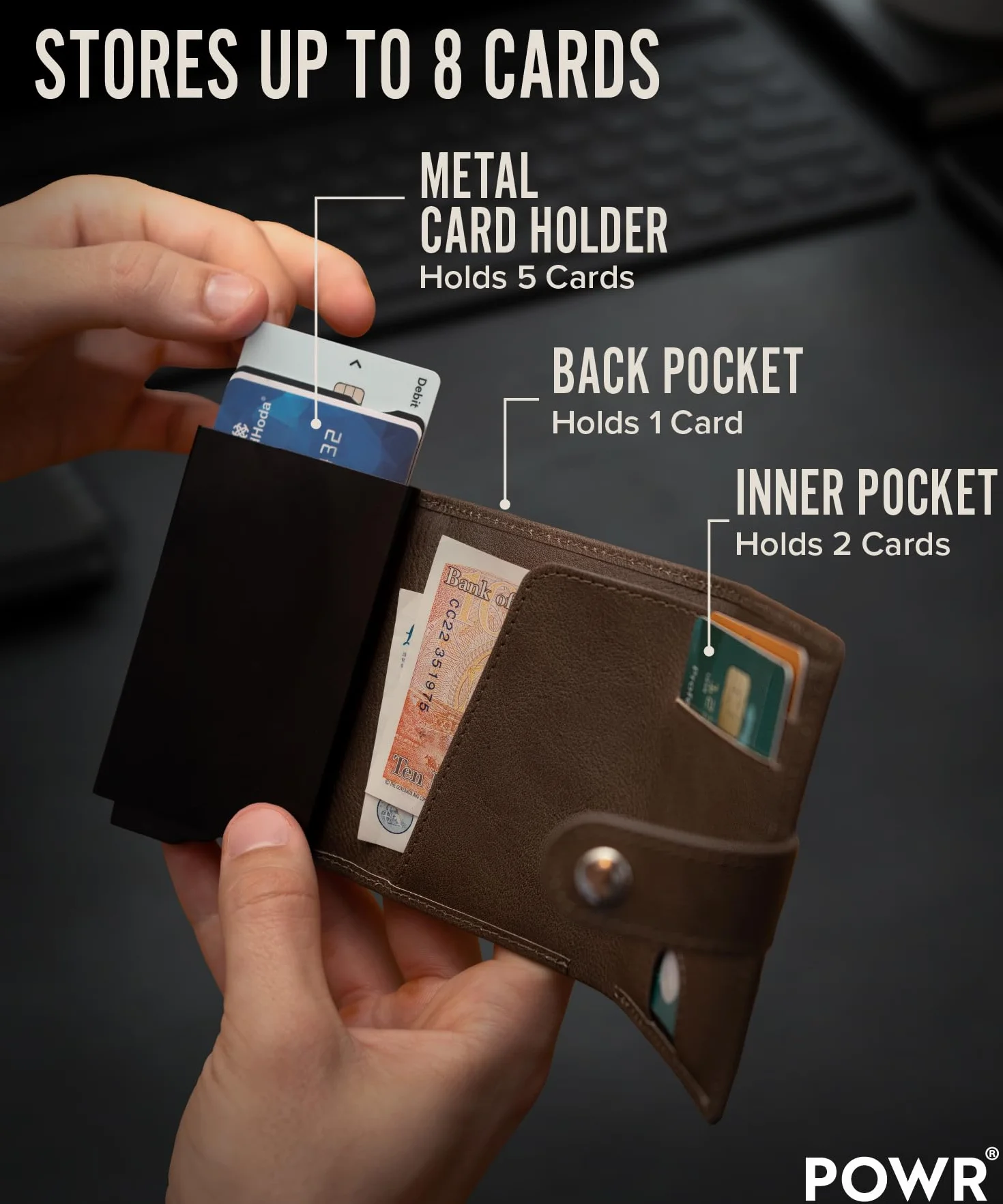 POWR Metalowy Portfel na Karty dla Mężczyzn - Smukły Minimalistyczny Portfel z Blokadą RFID, Aluminiowy Portfel Klasy Lotniczej z Mechanizmem Pop-Up, Elegancki i Bezpieczny Portfel na Karty