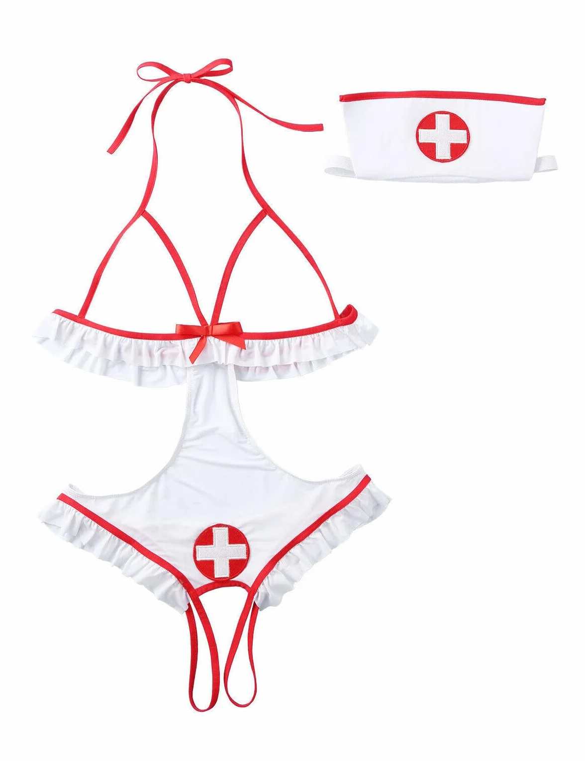 Bommi Fairy Seksowny kostium Babydolls dla kobiet, opaska na czoło + body pielęgniarka, kostium cosplay, 2-częściowy zestaw bielizny dla pielęgniarki, rozmiar S-XL