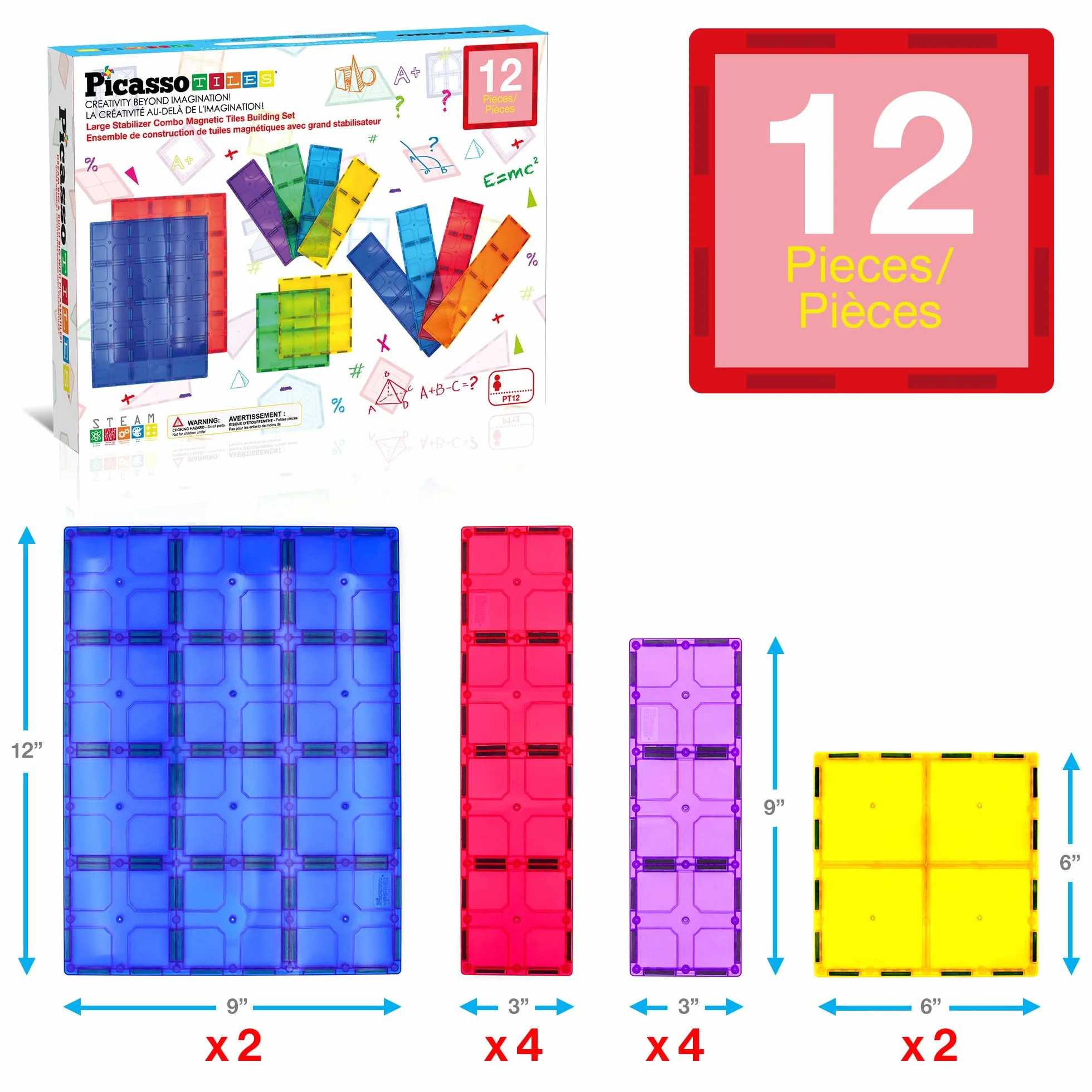 Zabawki dla dzieci Magnetyczne klocki budowlane Magnes Płytki Supersized PicassoTiles 12 szt. Duża podstawa stabilizatora Jumbo XL Płyta Fundacja Zestaw edukacyjny Budownictwo Inżynieria STEM Dzieci