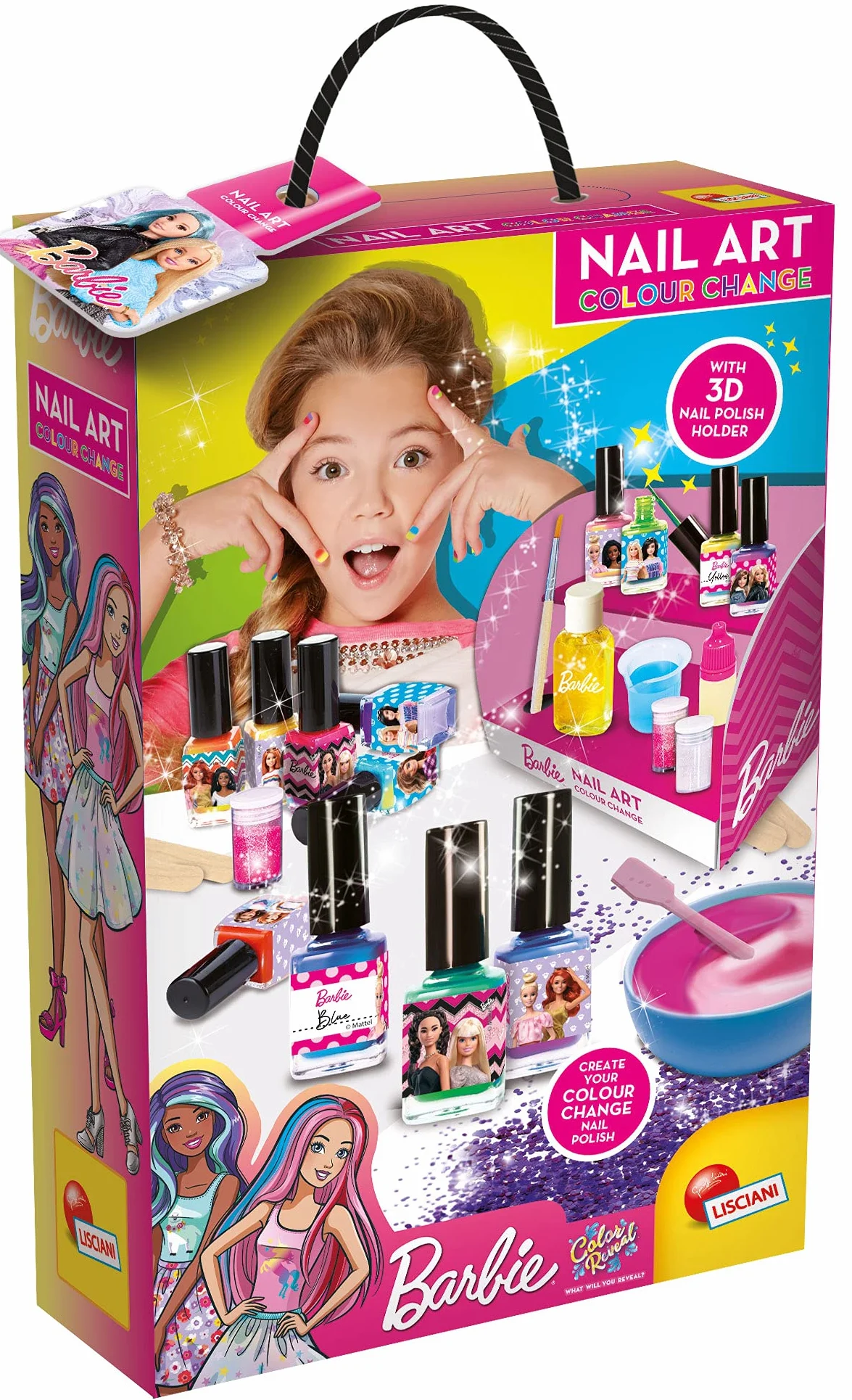 lisciani 97982 Barbie zmieniający kolor lakieru do paznokci do samodzielnego wykonania, zmienia kolor w przypadku kontaktu z wodą, zawiera 1 podstawę, pigmenty, brokat, akcesoria i naklejkę,