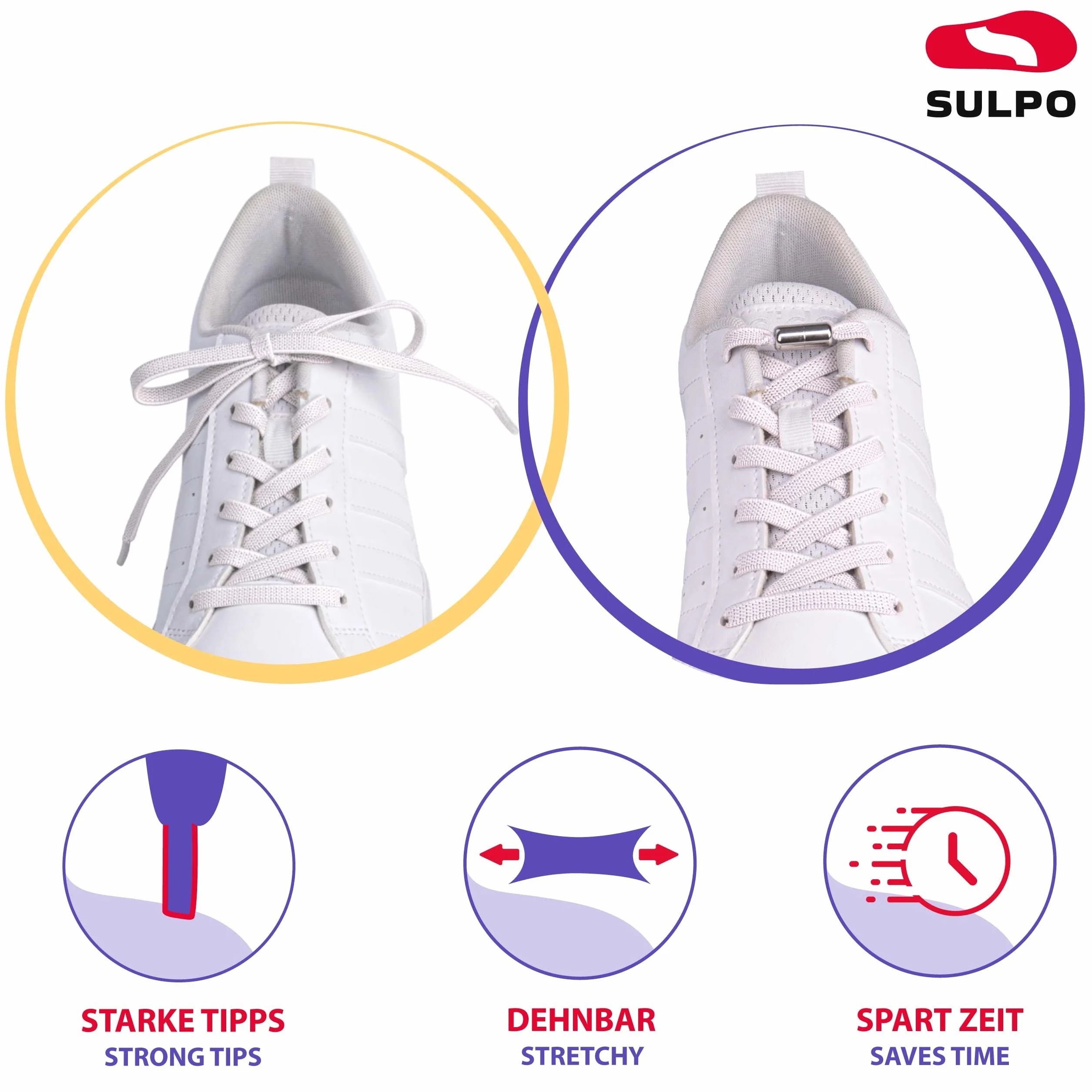 SULPO Płaskie elastyczne sznurówki bez wiązania - Sznurowadła bez wiązania z metalowym zapięciem - Gumowe sznurówki do sneakersów, butów sportowych i casualowych - Dla dorosłych i dzieci