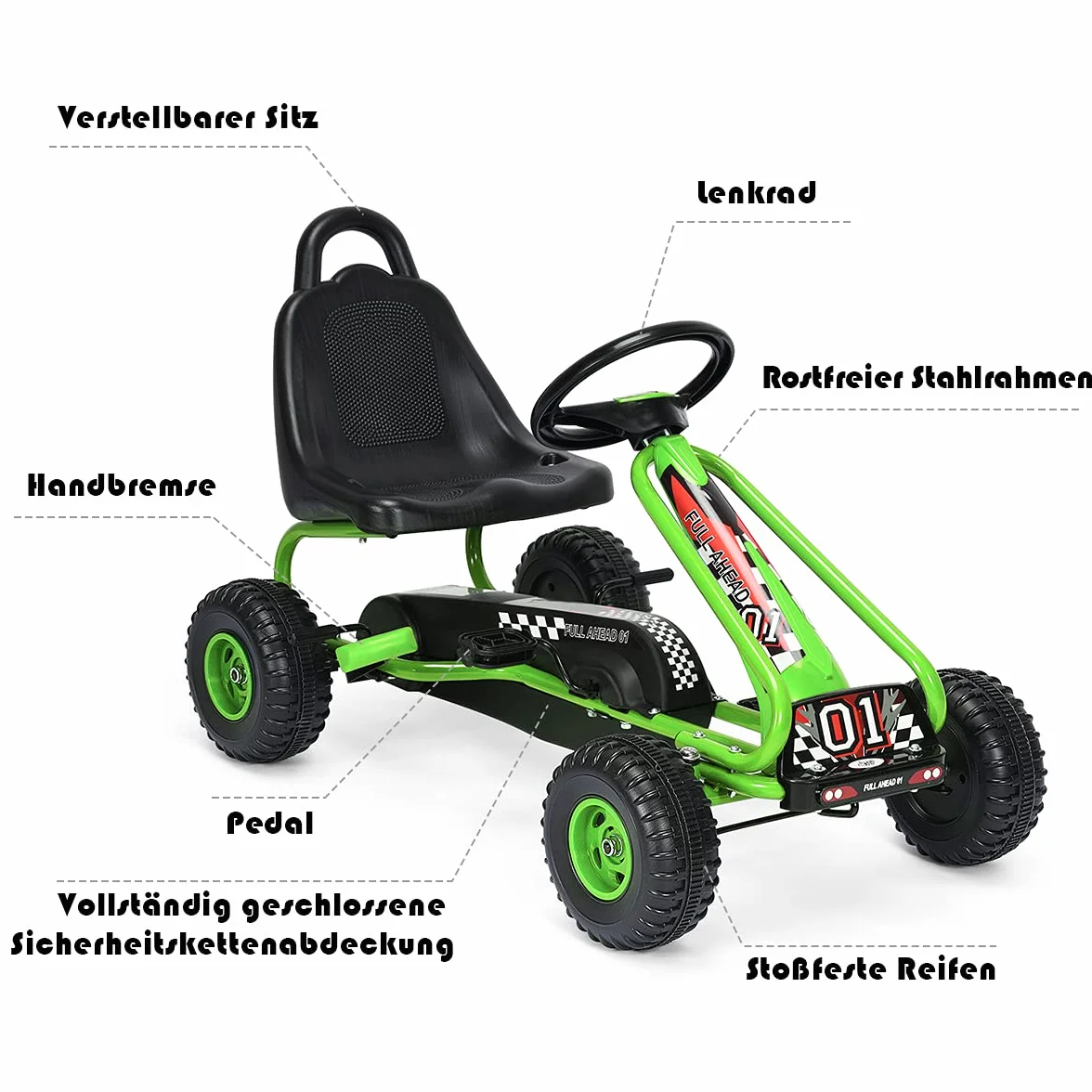 COSTWAY Gokart z regulowanym siedziskiem, gokart z hamulcem ręcznym, obciążenie do 30 kg, pedały Go Cart, pojazd pedałowy, pojazd dla dzieci od 3 lat (zielony)