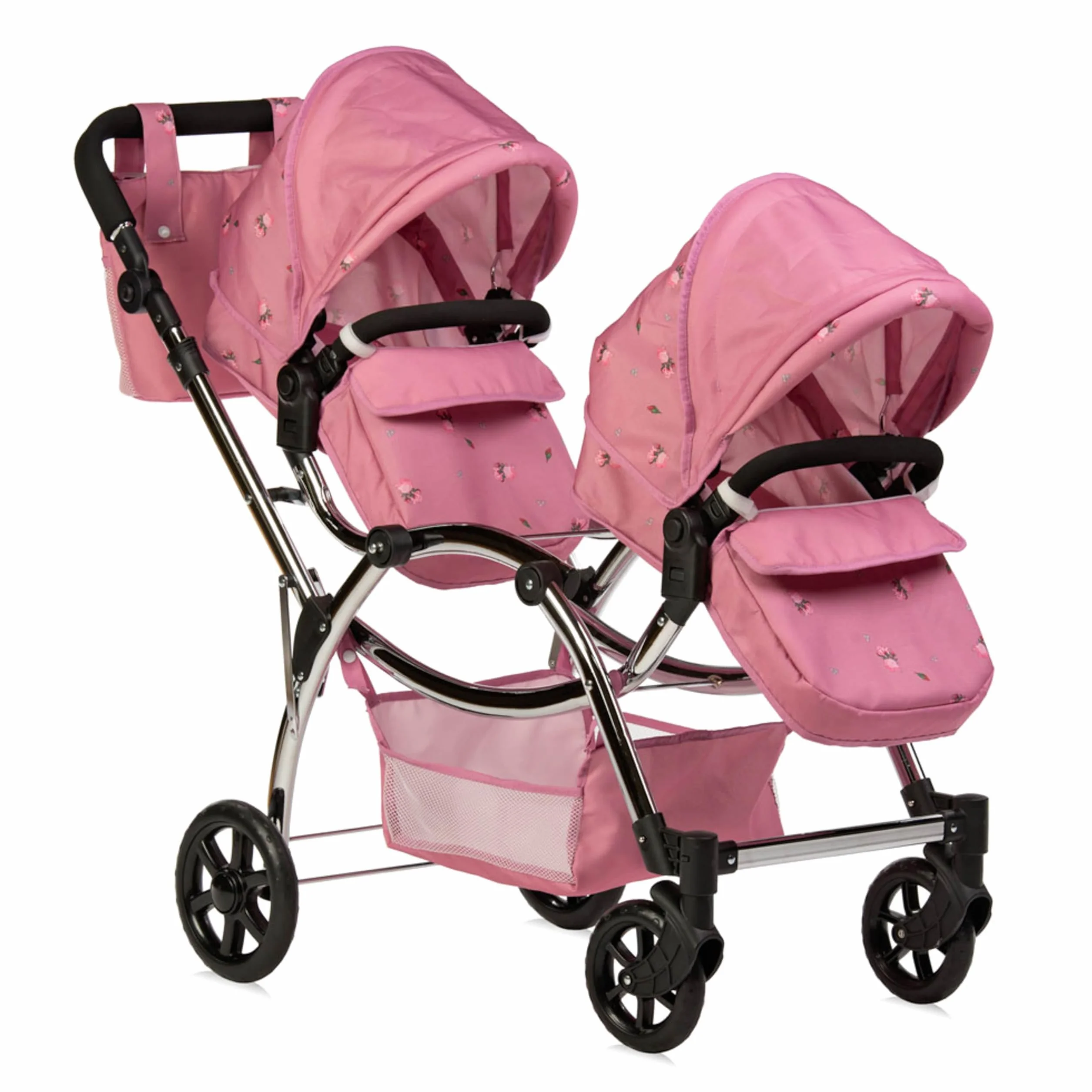 Roma Darcie Twin Dolls wózek dziecięcy w kolorze różowym, odpowiedni dla dzieci w wieku od 3 do 16 lat, regulowana wysokość uchwytu, 16 kombinacji, podwójna zabawka dla lalek na Boże Narodzenie,