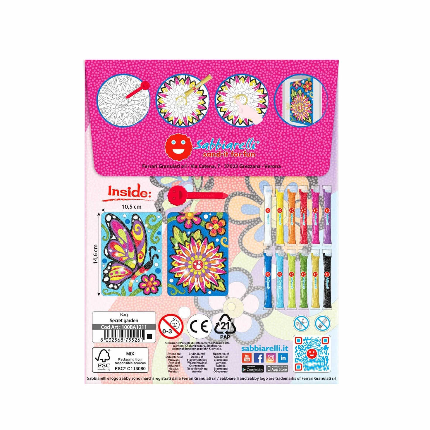 Sabbiarelli Sand-it For Fun – Bag Secret Garden | Mini Kit Sand Art z Kwiatem i Motylem 100% Made in Italy z Kolorowym Piaskiem i Rysunkami Samoprzylepnymi | Hobby 10+